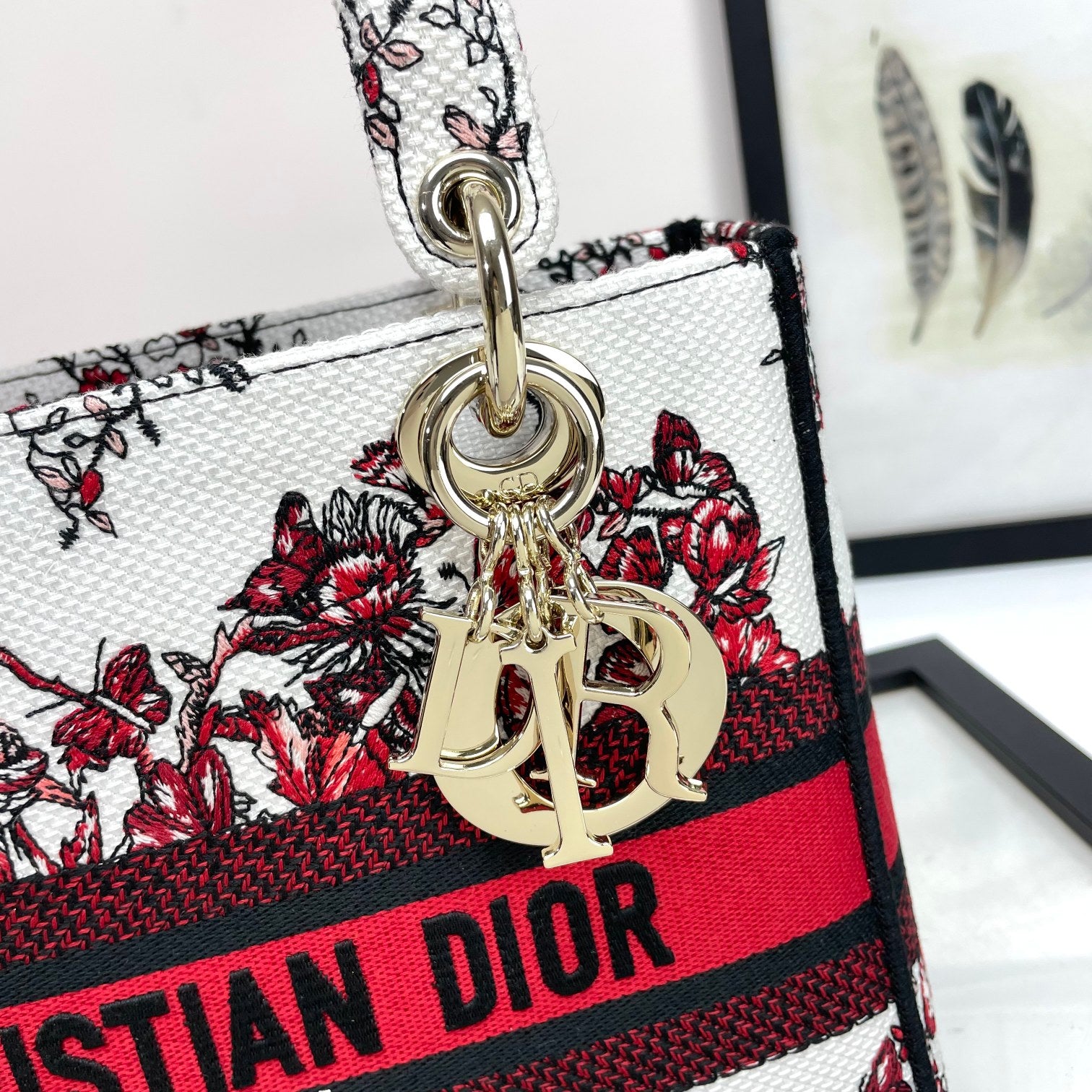 Christian Dior Medium Lady D-Lite Bag - Red and White Butterfly Embroidery