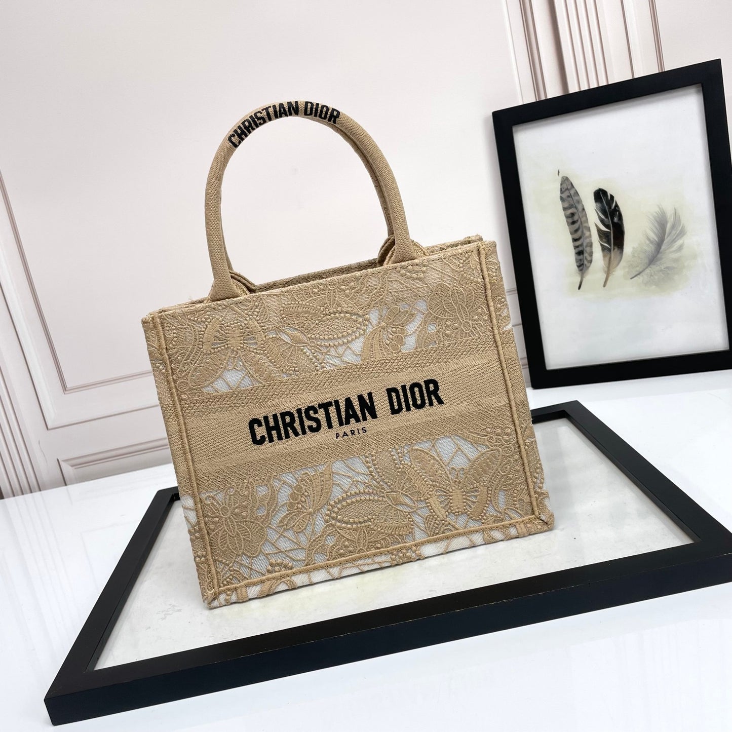 Dior Elegant Beige Floral Lace Embroidered Canvas Tote Handbag