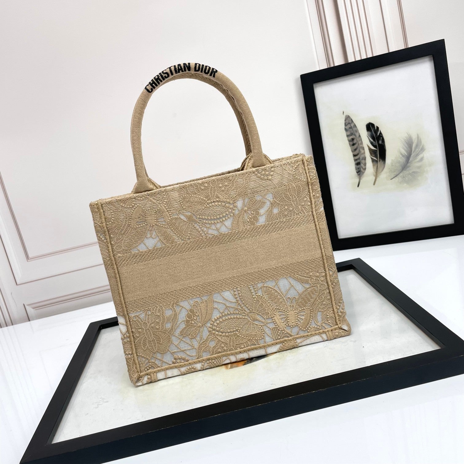 Dior Elegant Beige Embroidered Floral Lace Canvas Tote Handbag