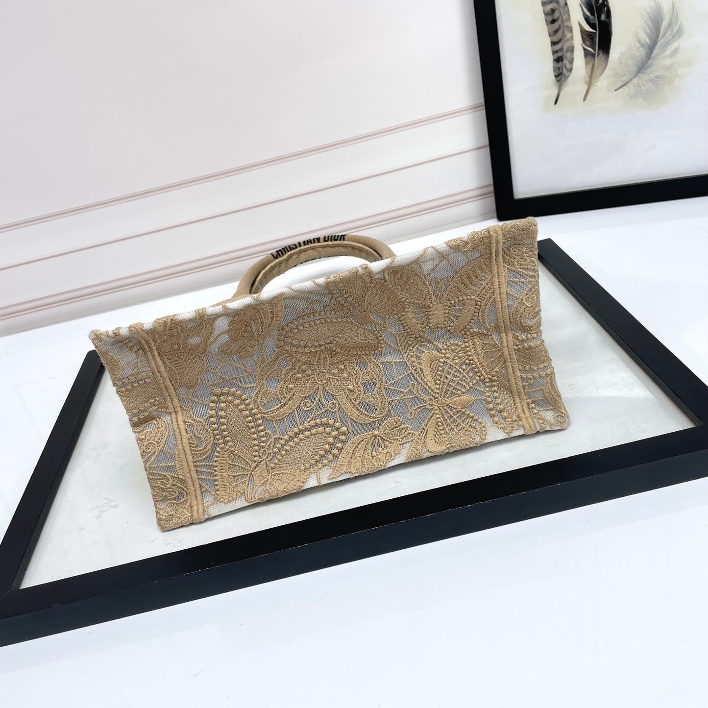 Dior Elegant Beige Floral Lace Embroidered Canvas Tote Handbag
