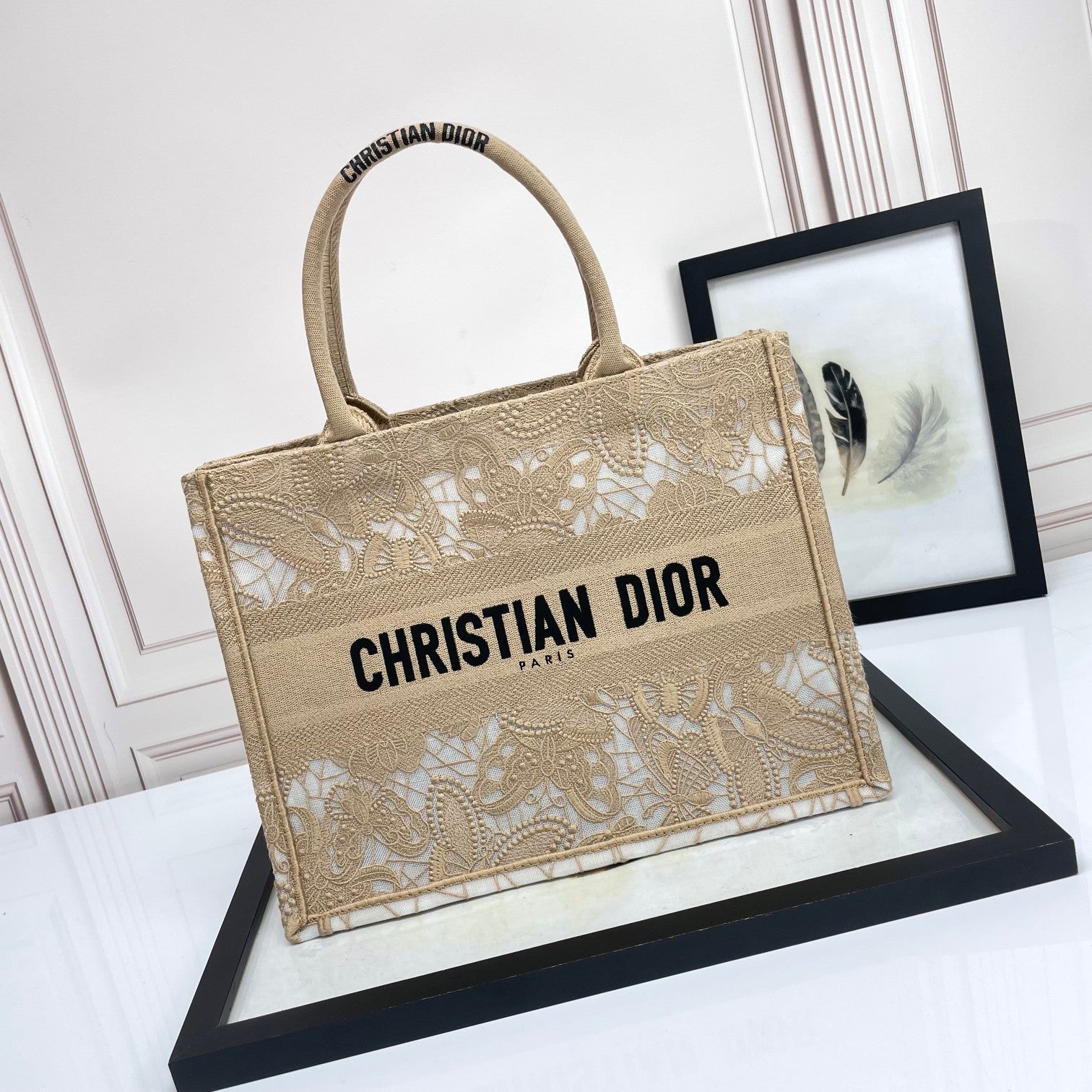 Dior Elegant Beige Canvas Tote Bag with White Lace Embroidery