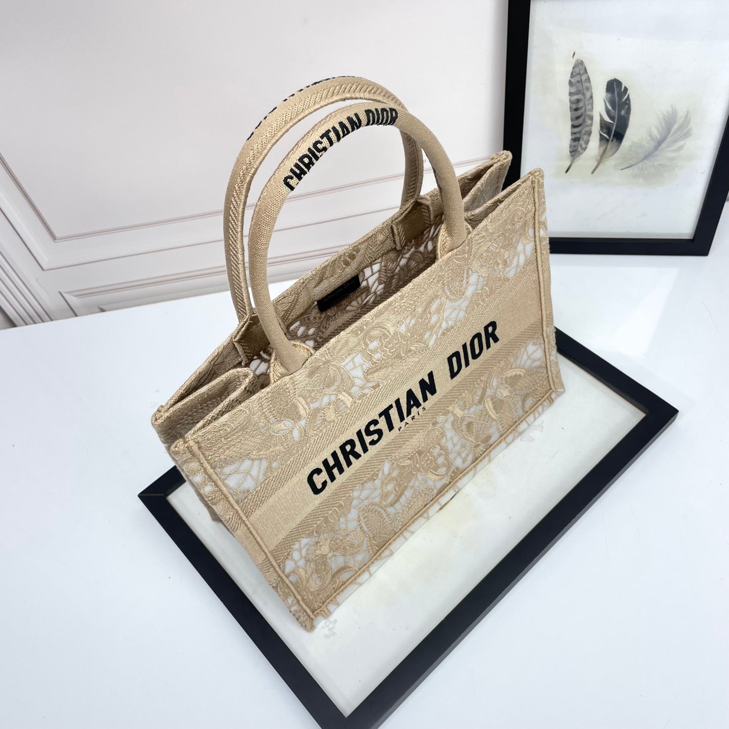 Dior Elegant Beige Canvas Tote Bag with White Lace Embroidery
