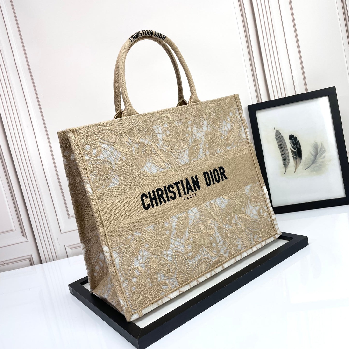 Dior Beige Floral Lace Embroidery Canvas Tote Bag Large Shopping Handbag