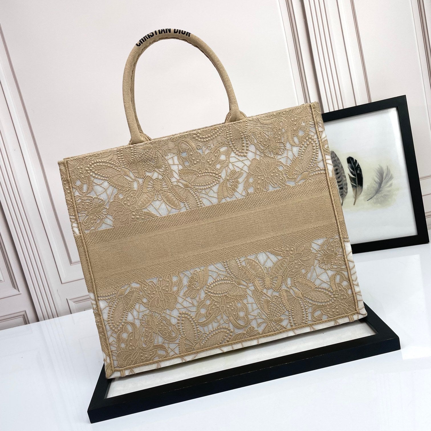 Dior Beige Floral Lace Embroidery Canvas Tote Bag Large Shopping Handbag