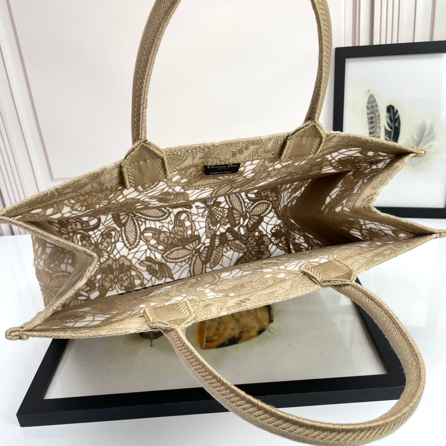 Dior Elegant Beige Floral Lace Embroidered Canvas Tote Bag