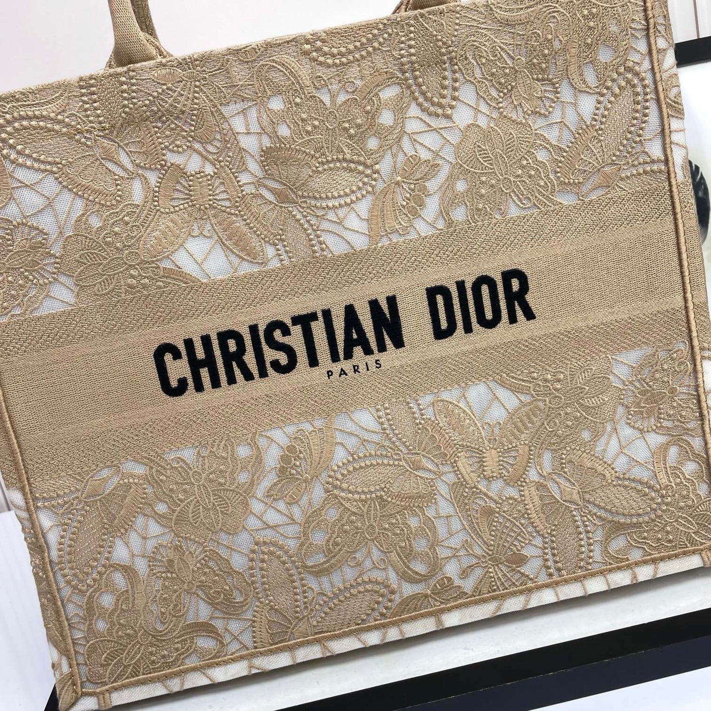 Dior Elegant Beige Floral Lace Embroidered Canvas Tote Bag
