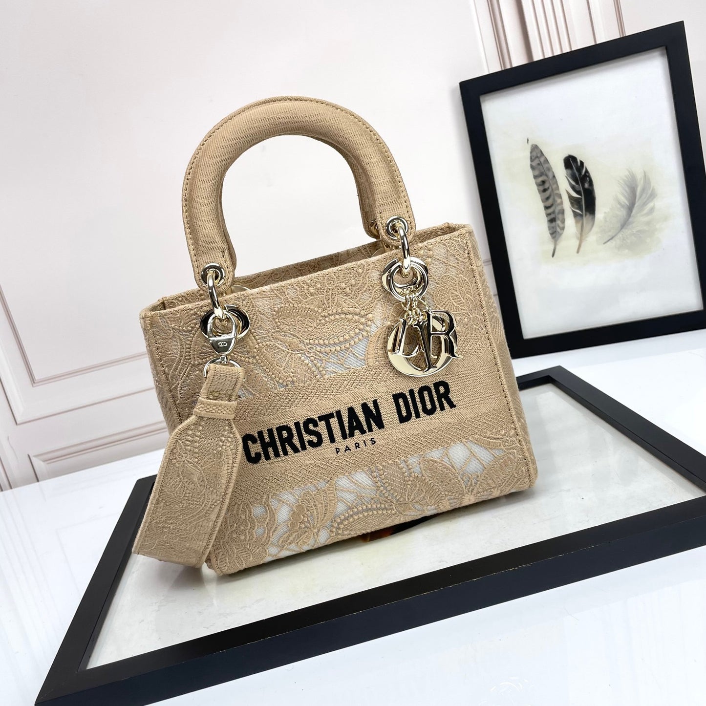 Dior Elegant Beige Embroidered Lace Canvas Tote Bag with Strap