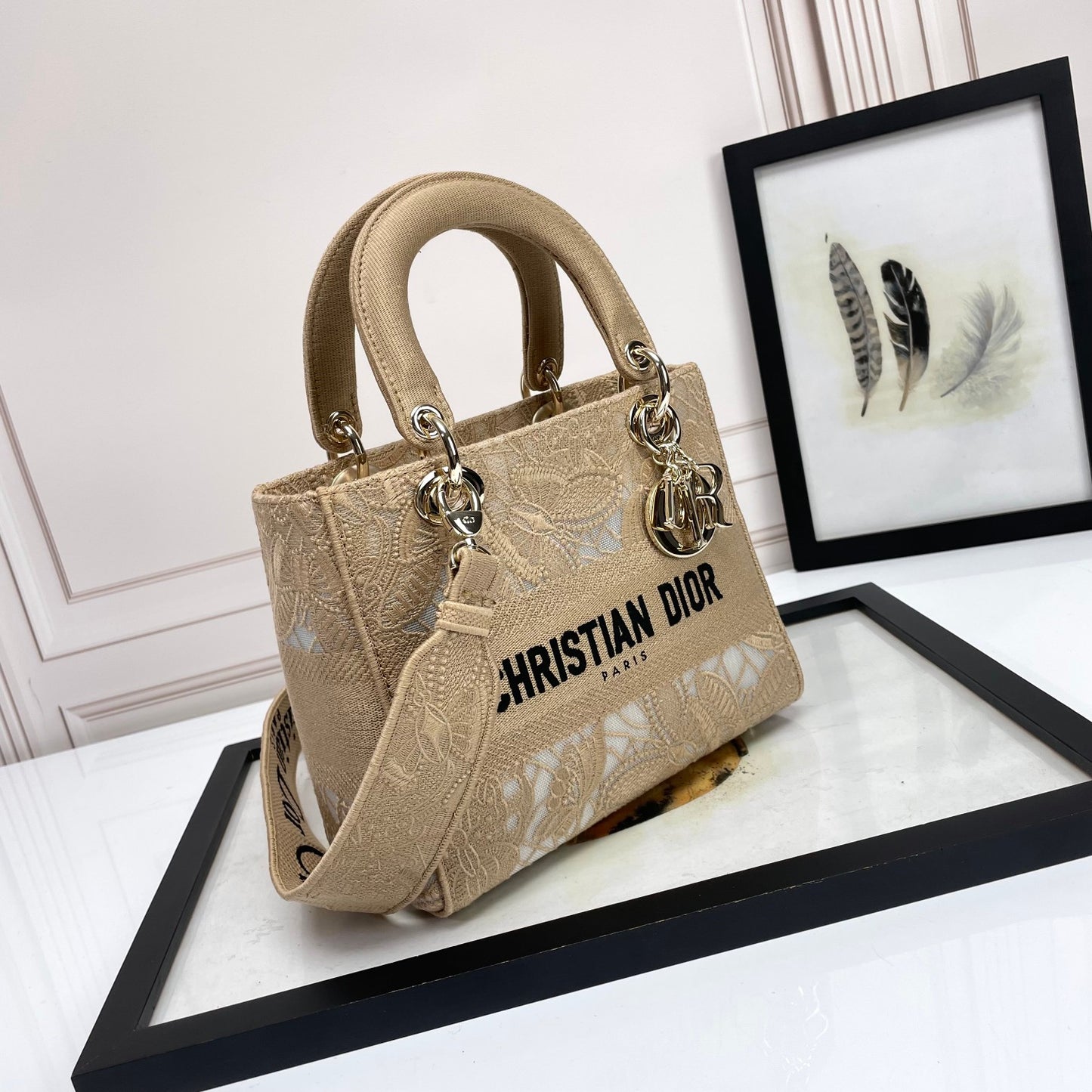 Dior Elegant Beige Embroidered Lace Canvas Tote Bag with Strap