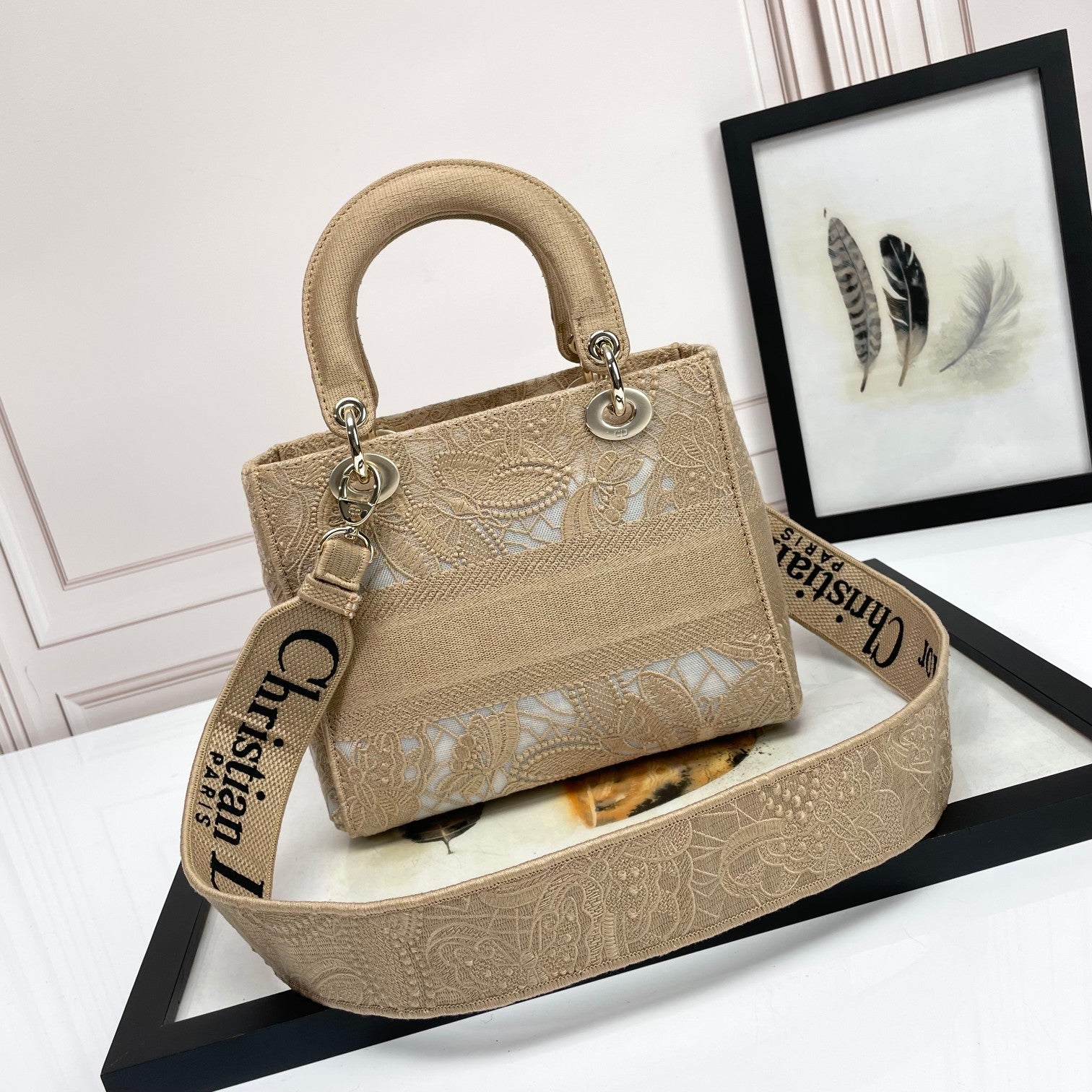 Dior Elegant Beige Embroidered Canvas Top Handle Handbag with Shoulder Strap