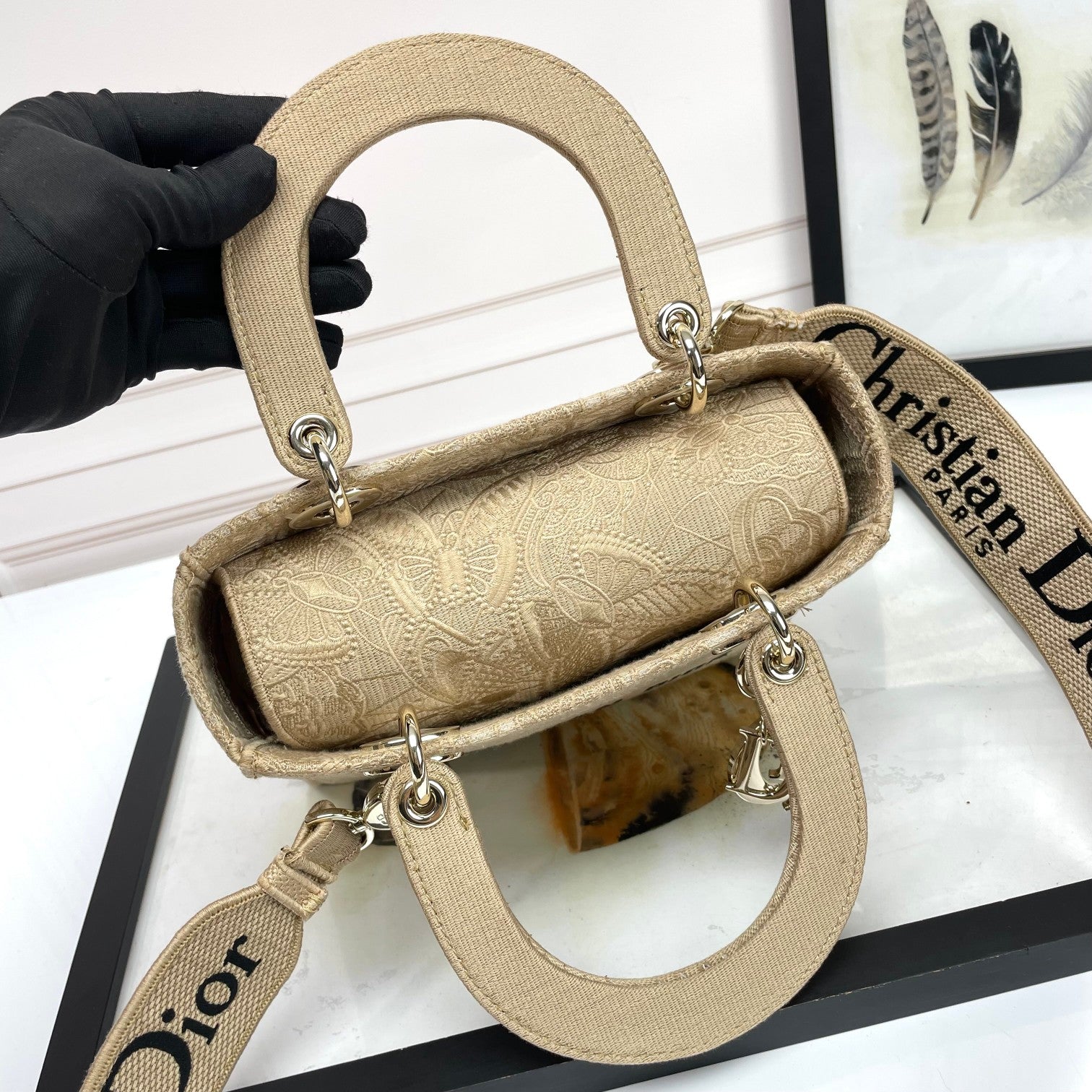 Dior Elegant Beige Embroidered Canvas Handbag with Shoulder Strap