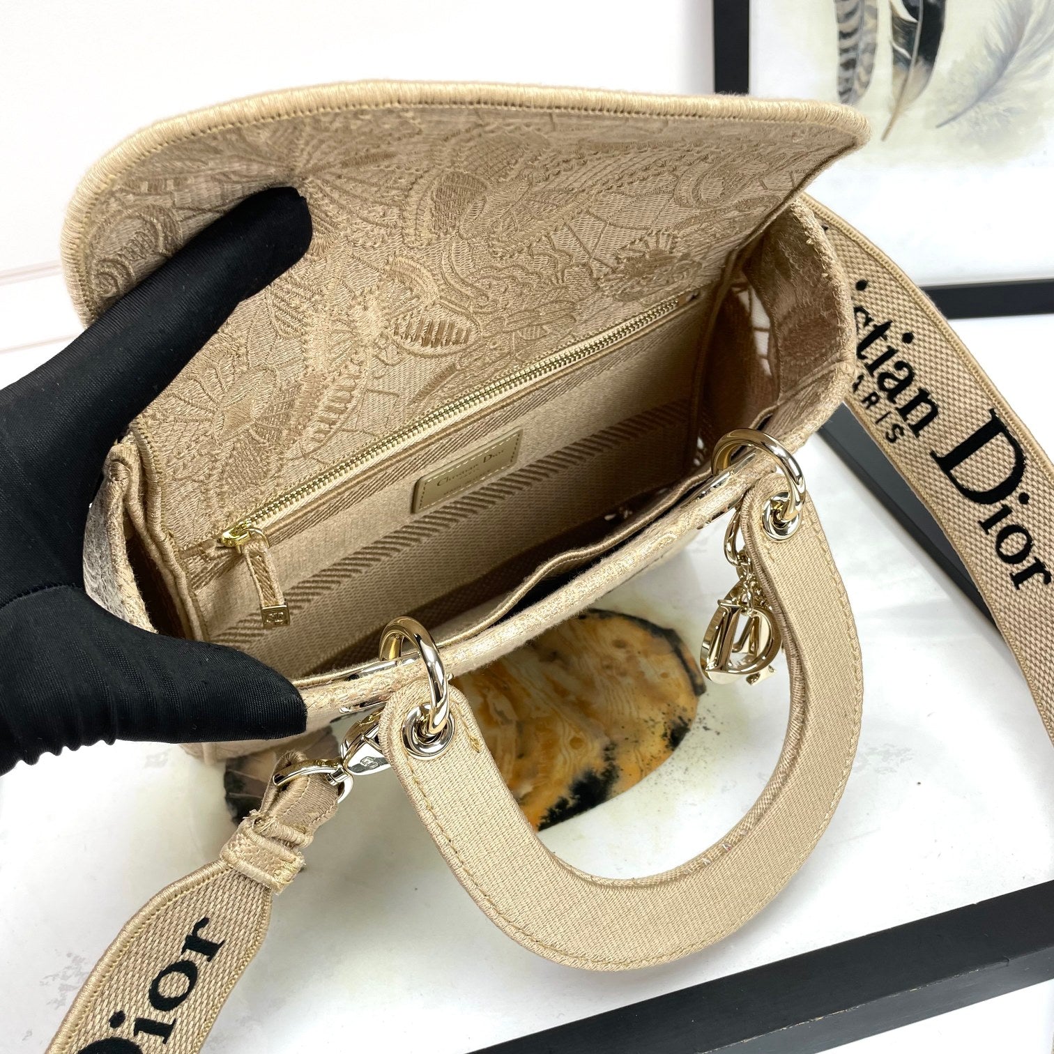 Dior Elegant Beige Embroidered Canvas Top Handle Handbag with Shoulder Strap