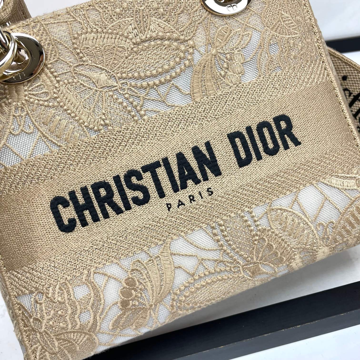 Christian Dior Lady D-Lite Handbag Beige Embroidered Canvas