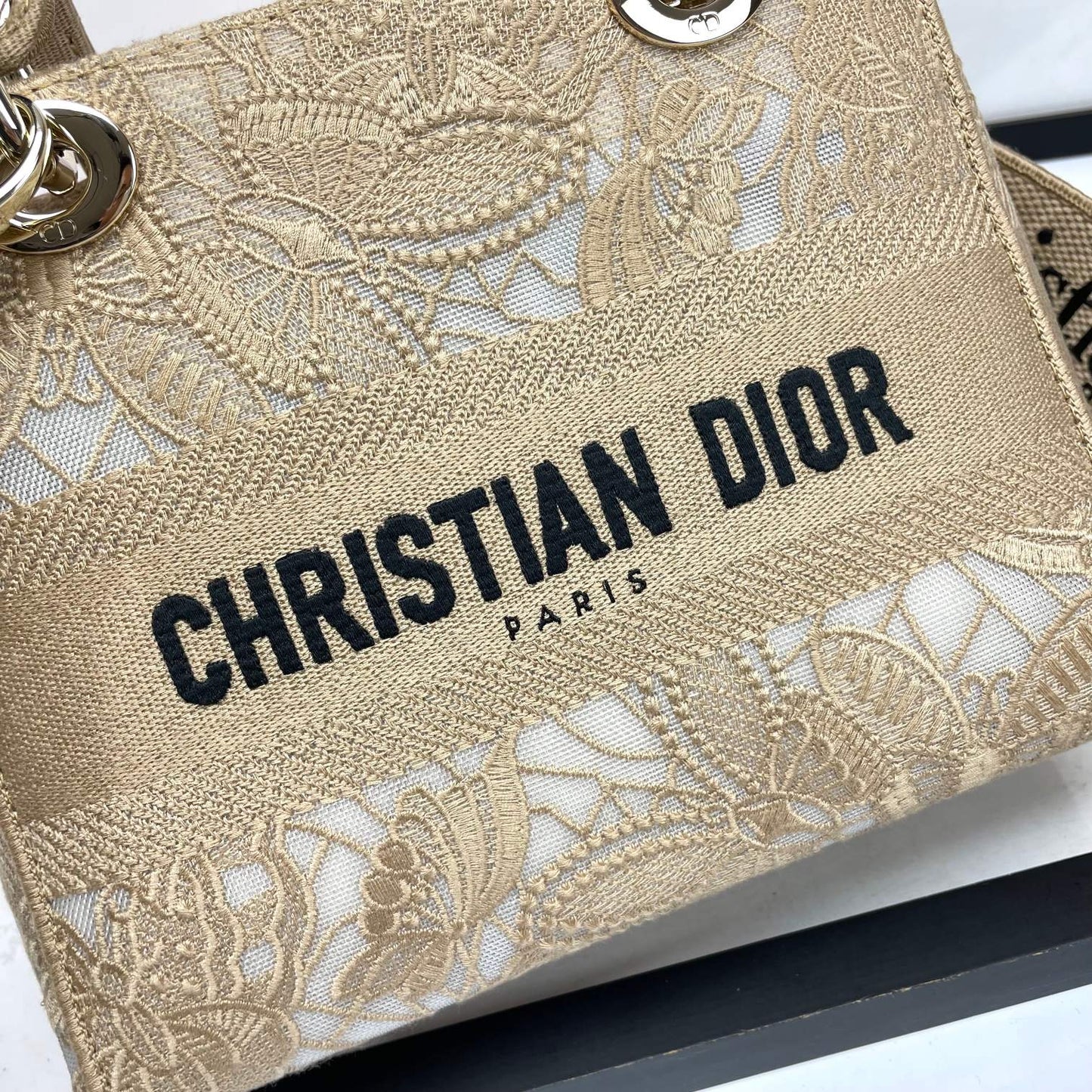 Christian Dior Lady D-Lite Bag - Beige Embroidered Canvas Handbag