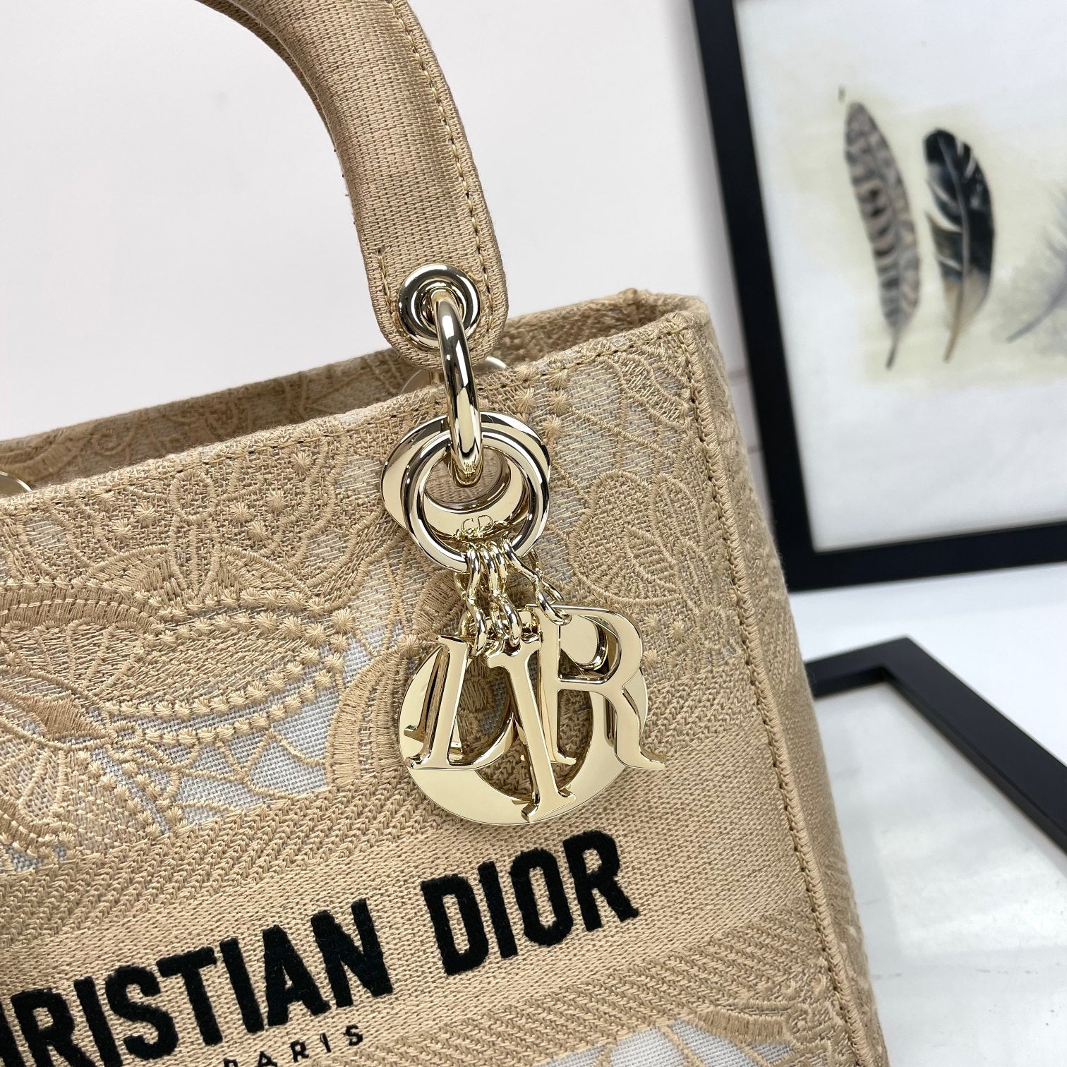 Dior Elegant Beige Embroidered Lace Canvas Tote Bag with Strap