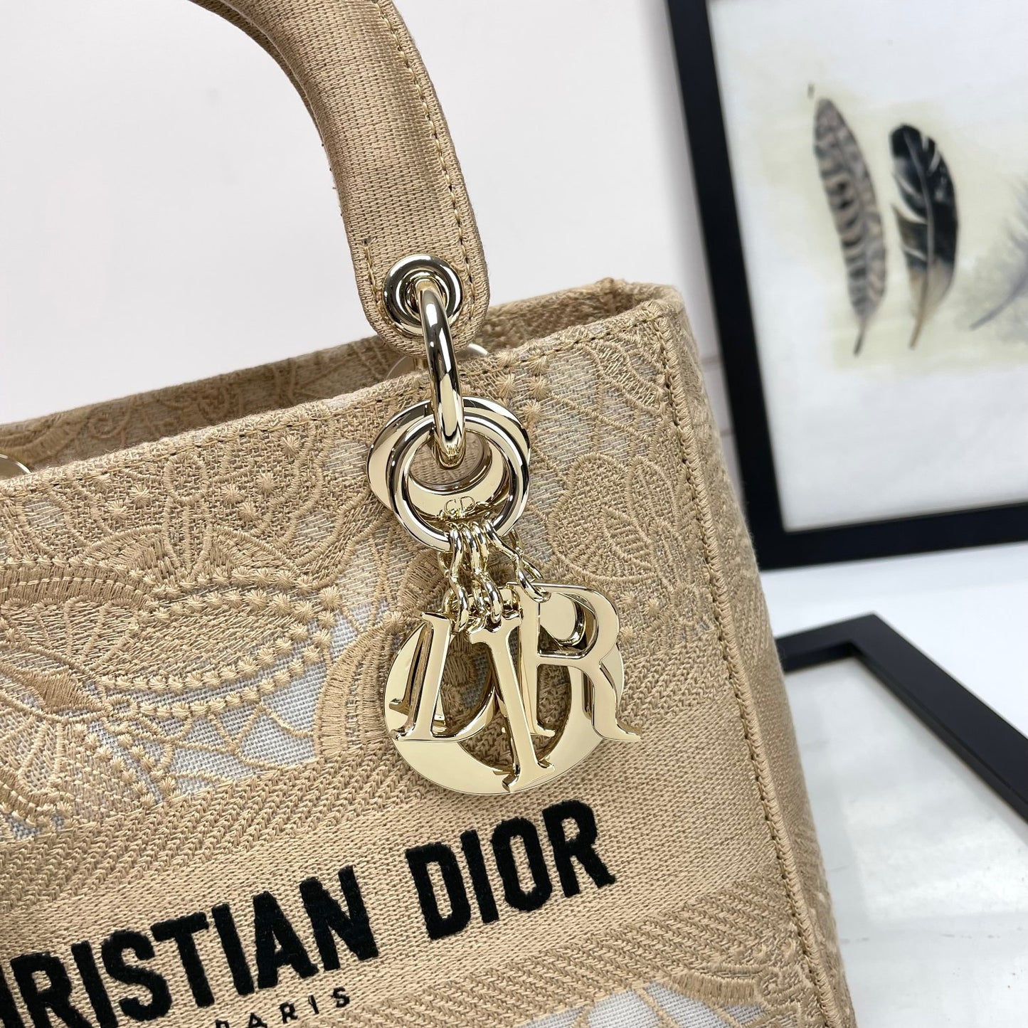 Dior Beige Floral Embroidered Top Handle Handbag with Strap