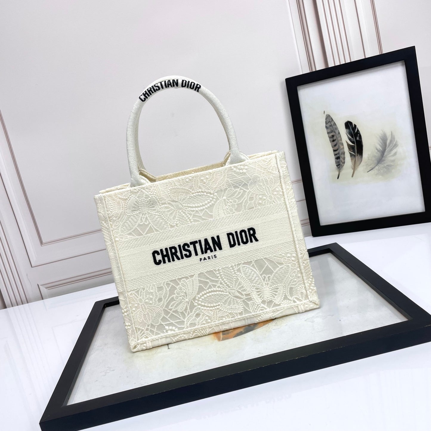 Dior Elegant Embroidered Floral Beige Canvas Tote Bag with Top Handles