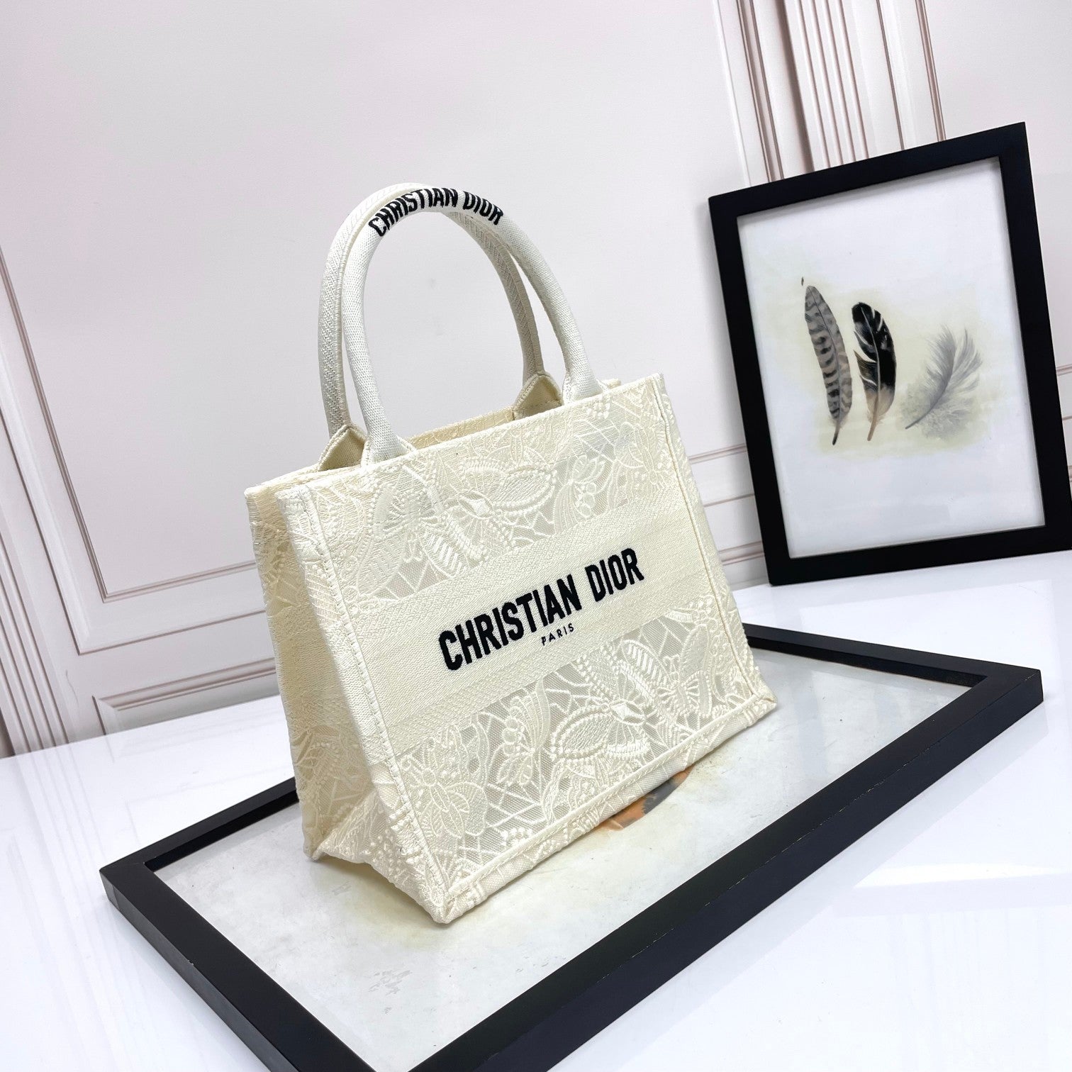 Christian Dior Small Book Tote Bag White Embroidered Canvas