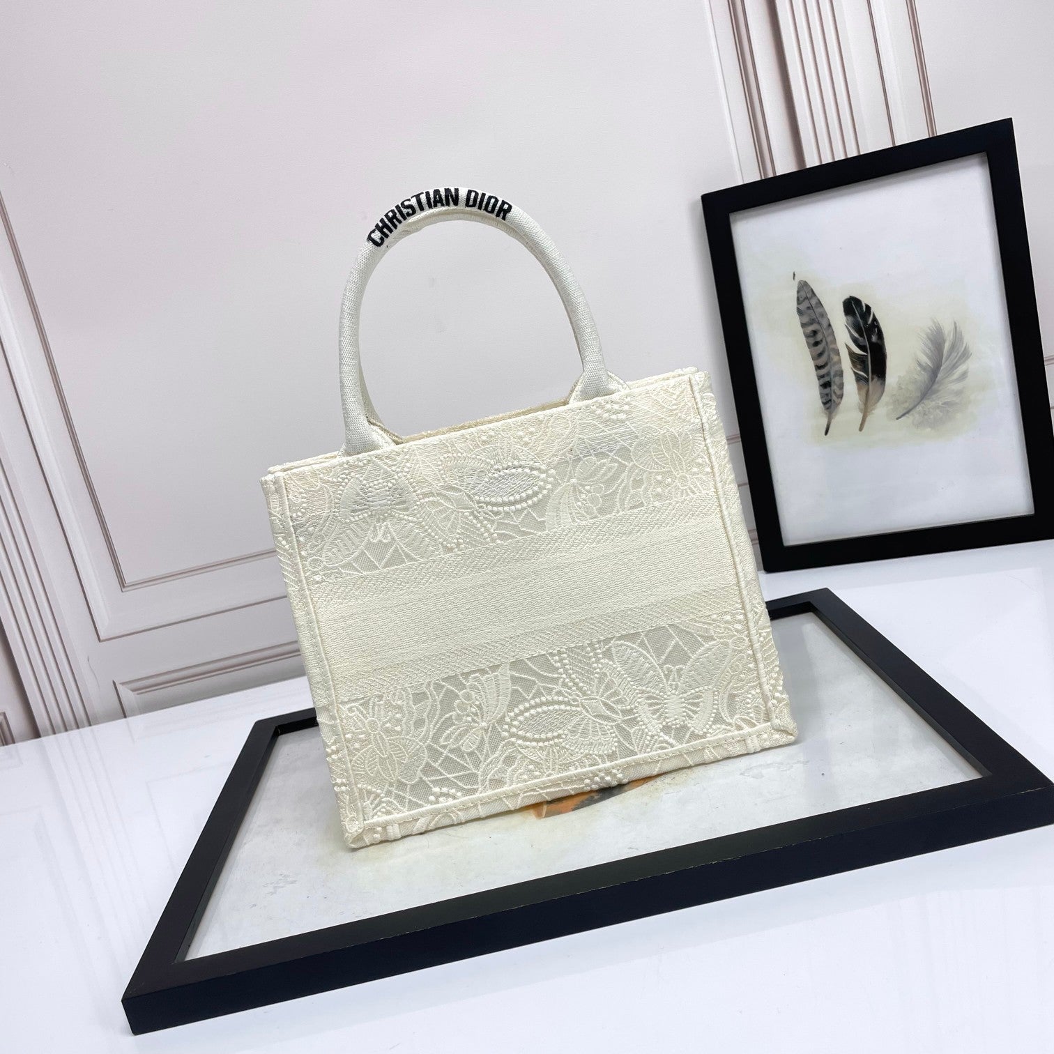Dior Elegant White Floral Embroidered Canvas Tote Bag with Top Handles