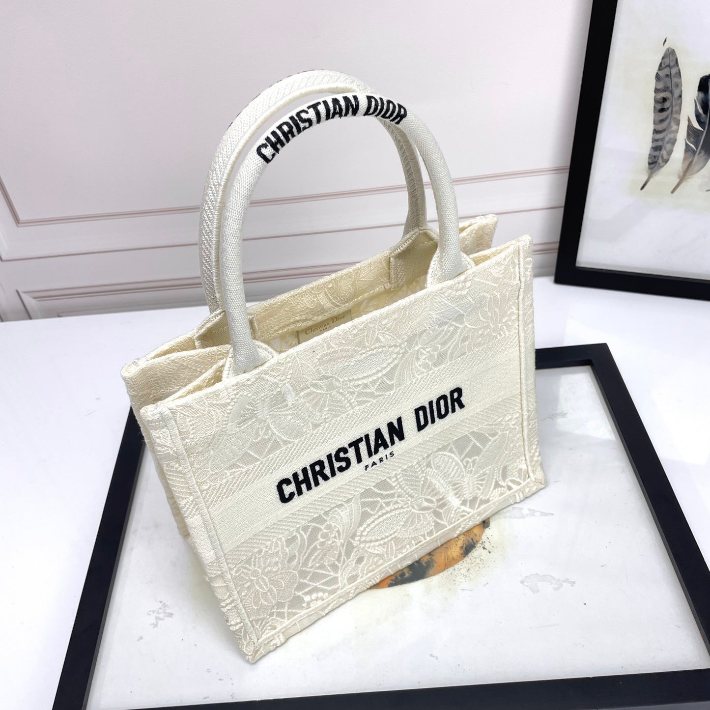 Christian Dior Small Book Tote Bag White Embroidered Canvas
