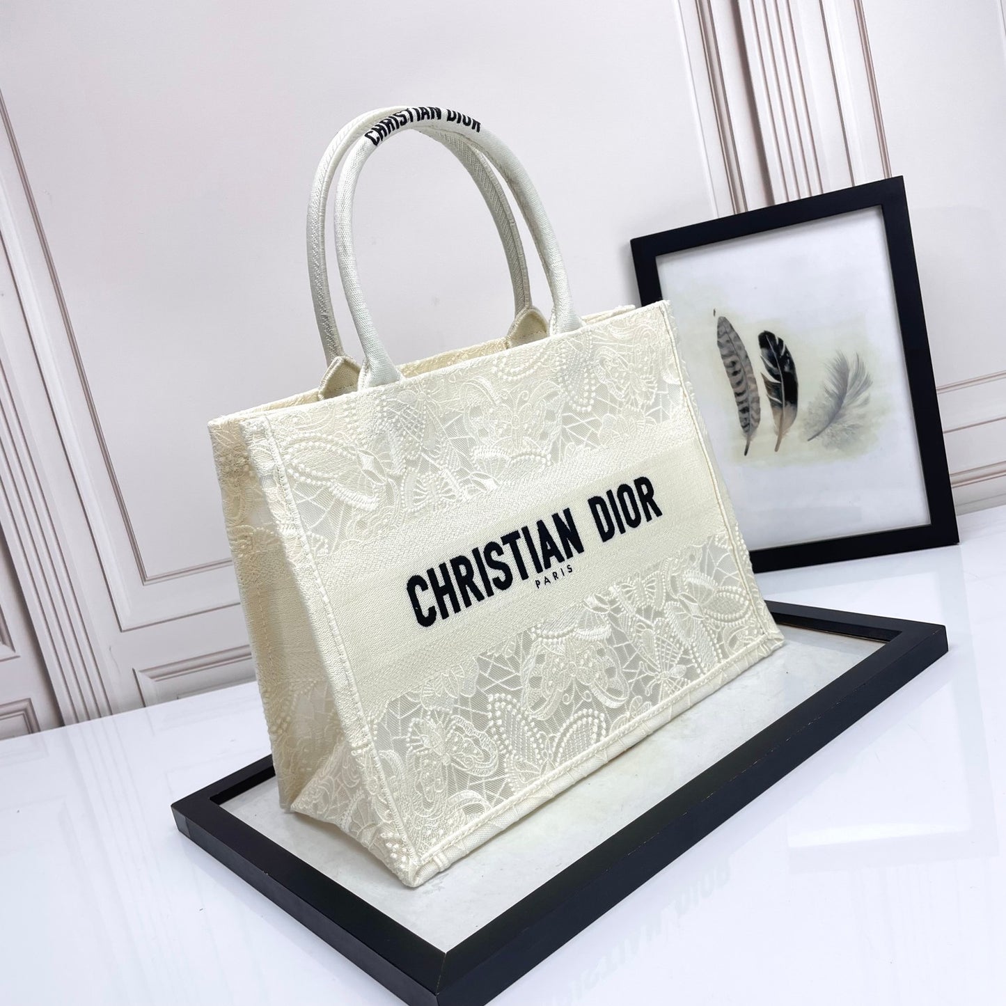 Dior Vintage Embroidered Canvas Tote Bag Floral Lace Shoulder Handbag