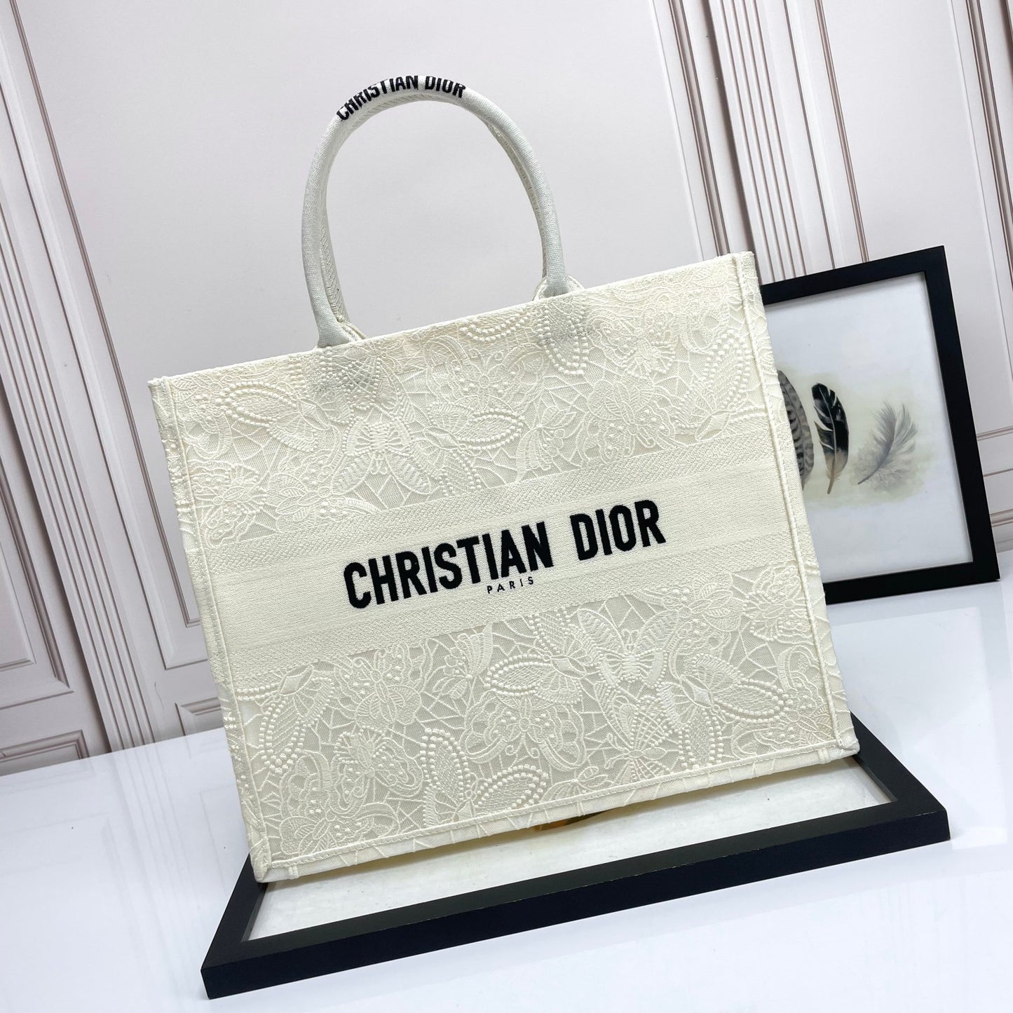 Dior Large Cream Floral Embroidered Canvas Tote Bag with Top Handles