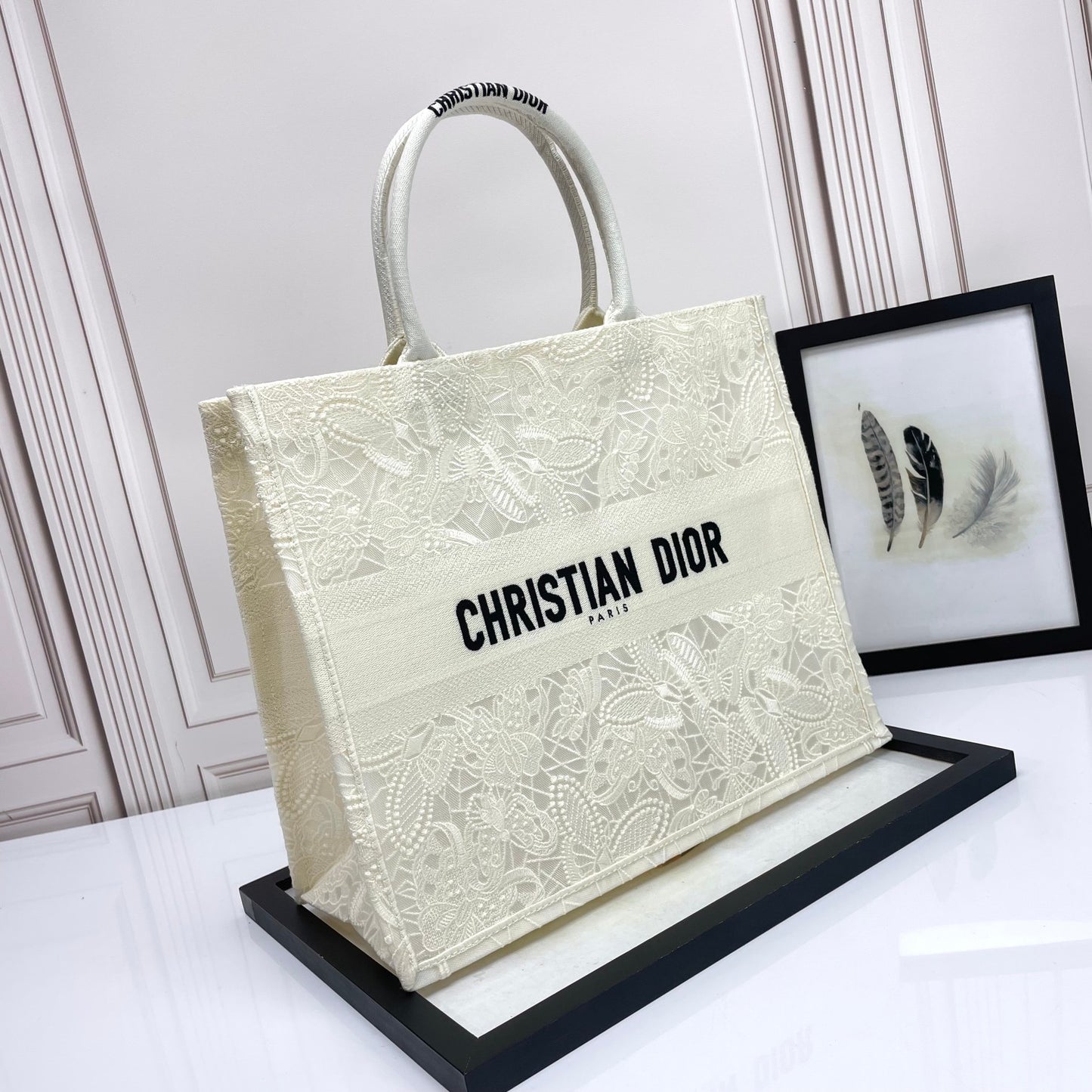 Dior Elegant White Floral Embroidered Canvas Top Handle Tote Bag