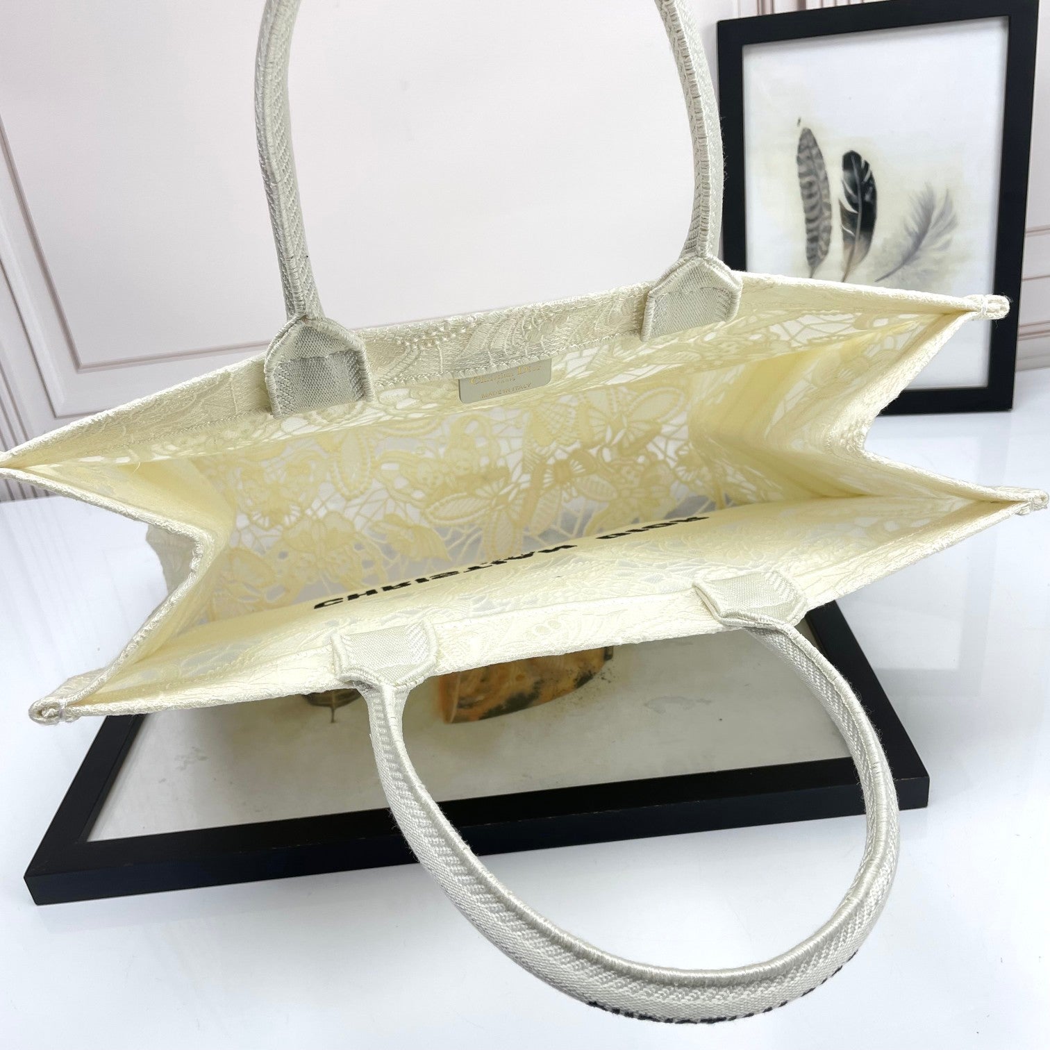 Dior Elegant White Floral Embroidered Canvas Top Handle Tote Bag