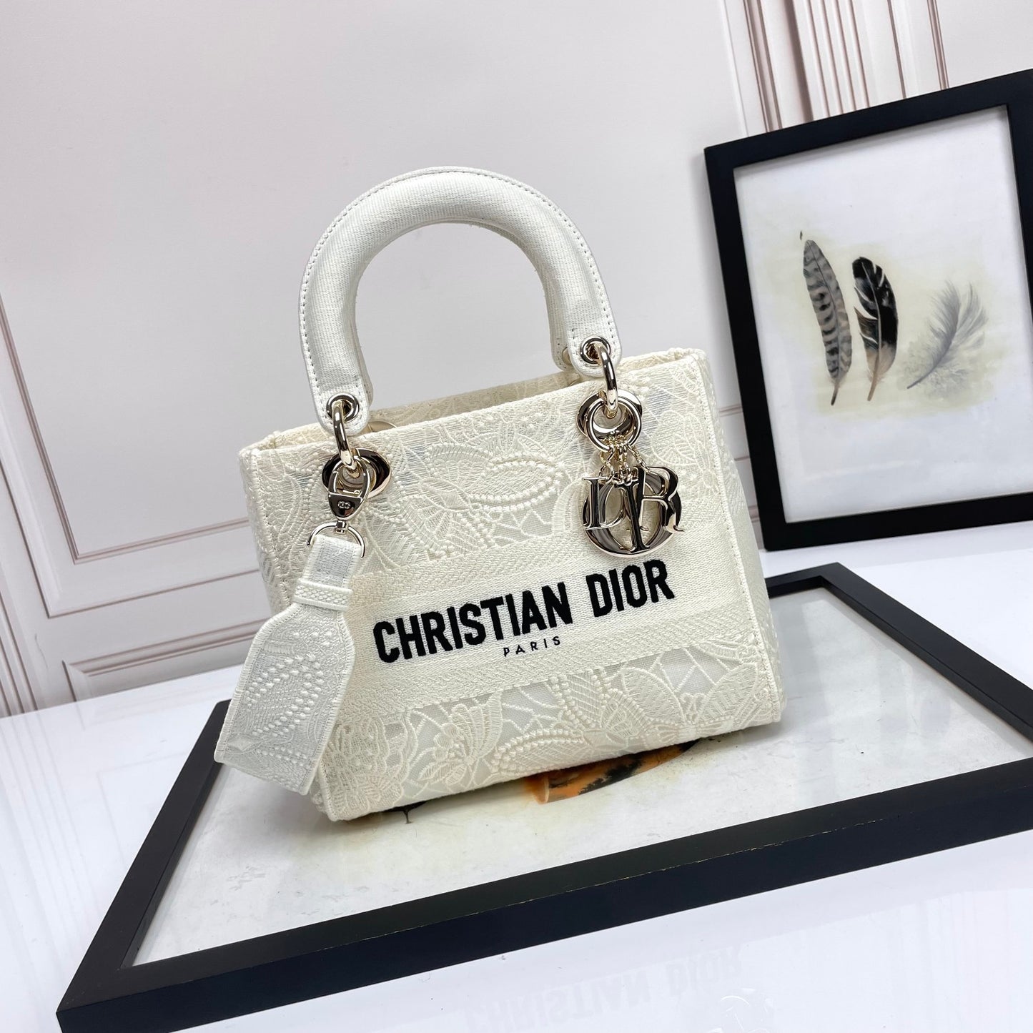 Dior Elegant White Embroidered Floral Canvas Top Handle Bag