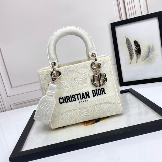 Christian Dior Lady D-Lite White Embroidered Canvas Handbag