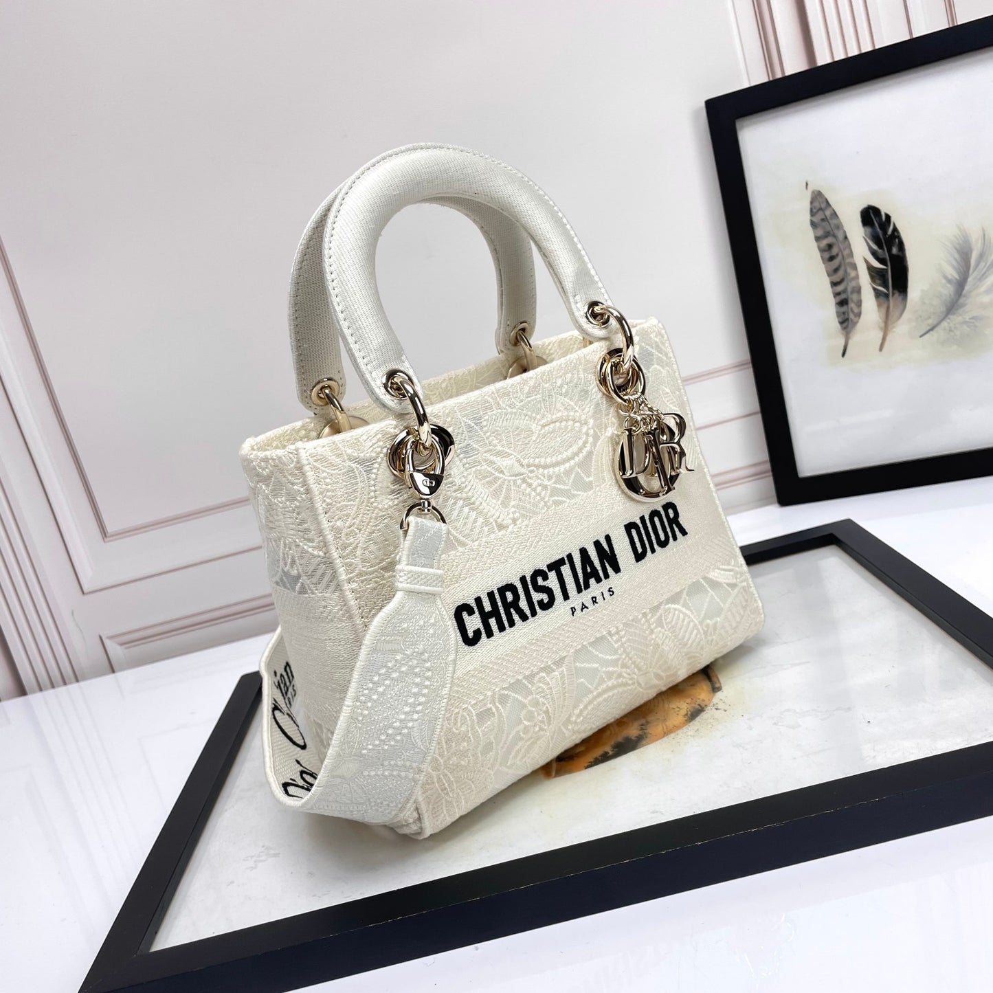 Dior Elegant White Floral Embroidered Canvas Handbag with Top Handle