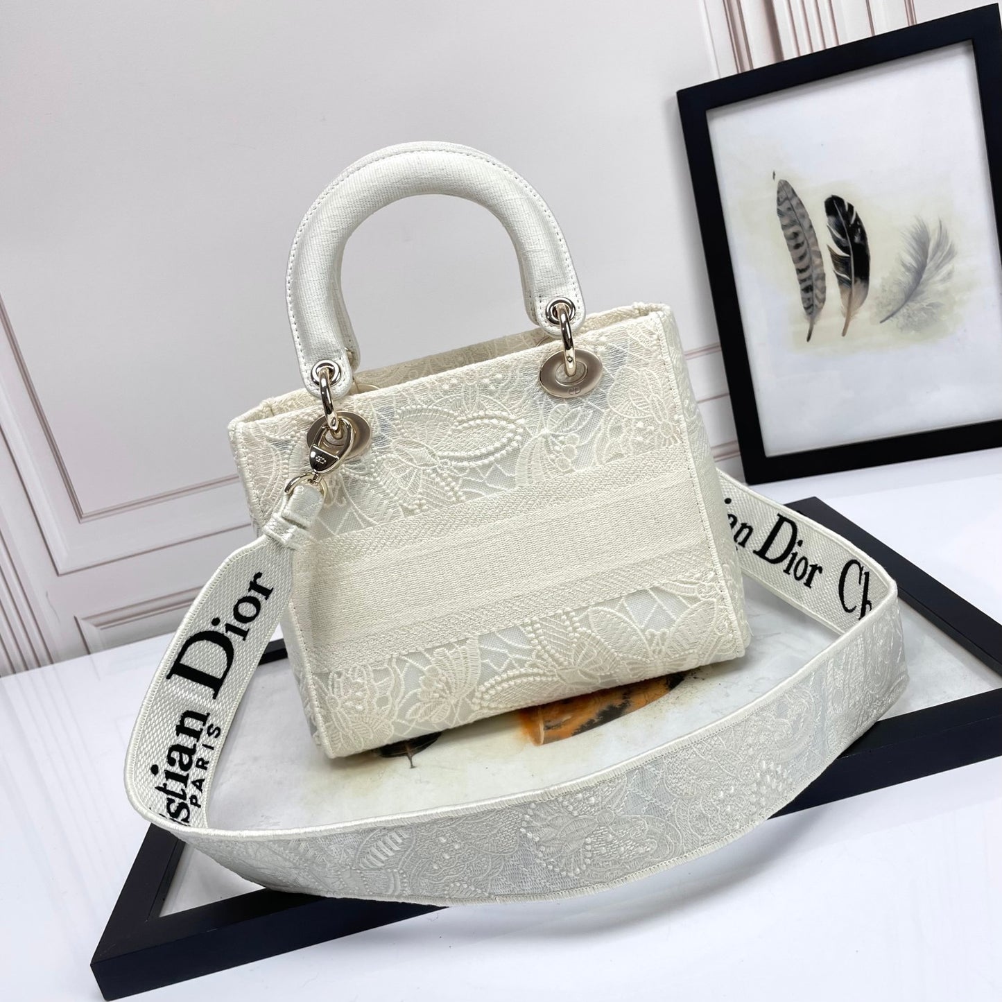 Dior Elegant White Embroidered Floral Canvas Top Handle Bag