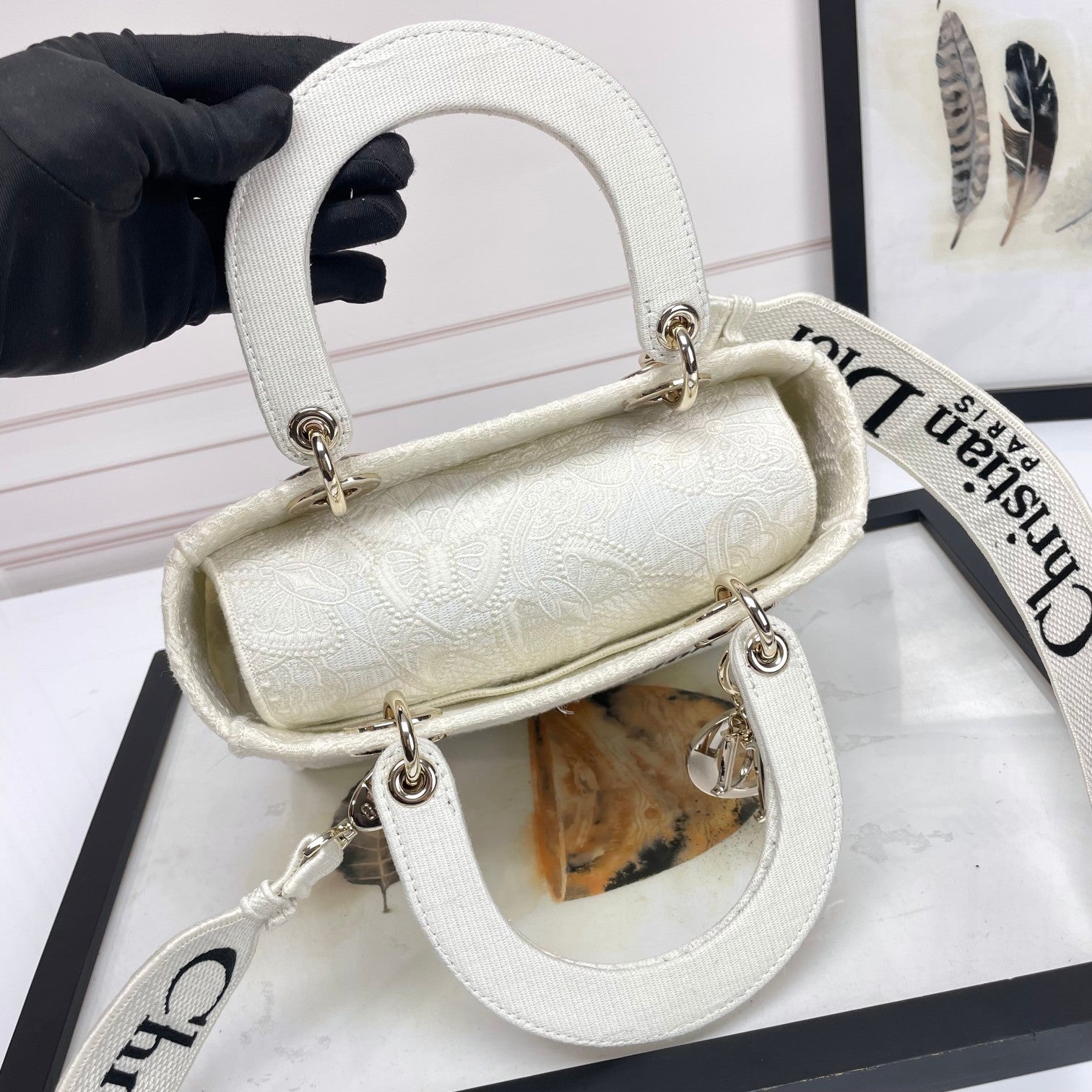Dior White Floral Embroidered Canvas Top Handle Handbag