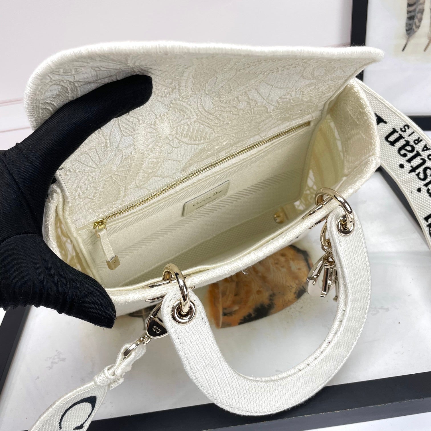 Christian Dior Lady D-Lite White Paisley Embroidered Handbag