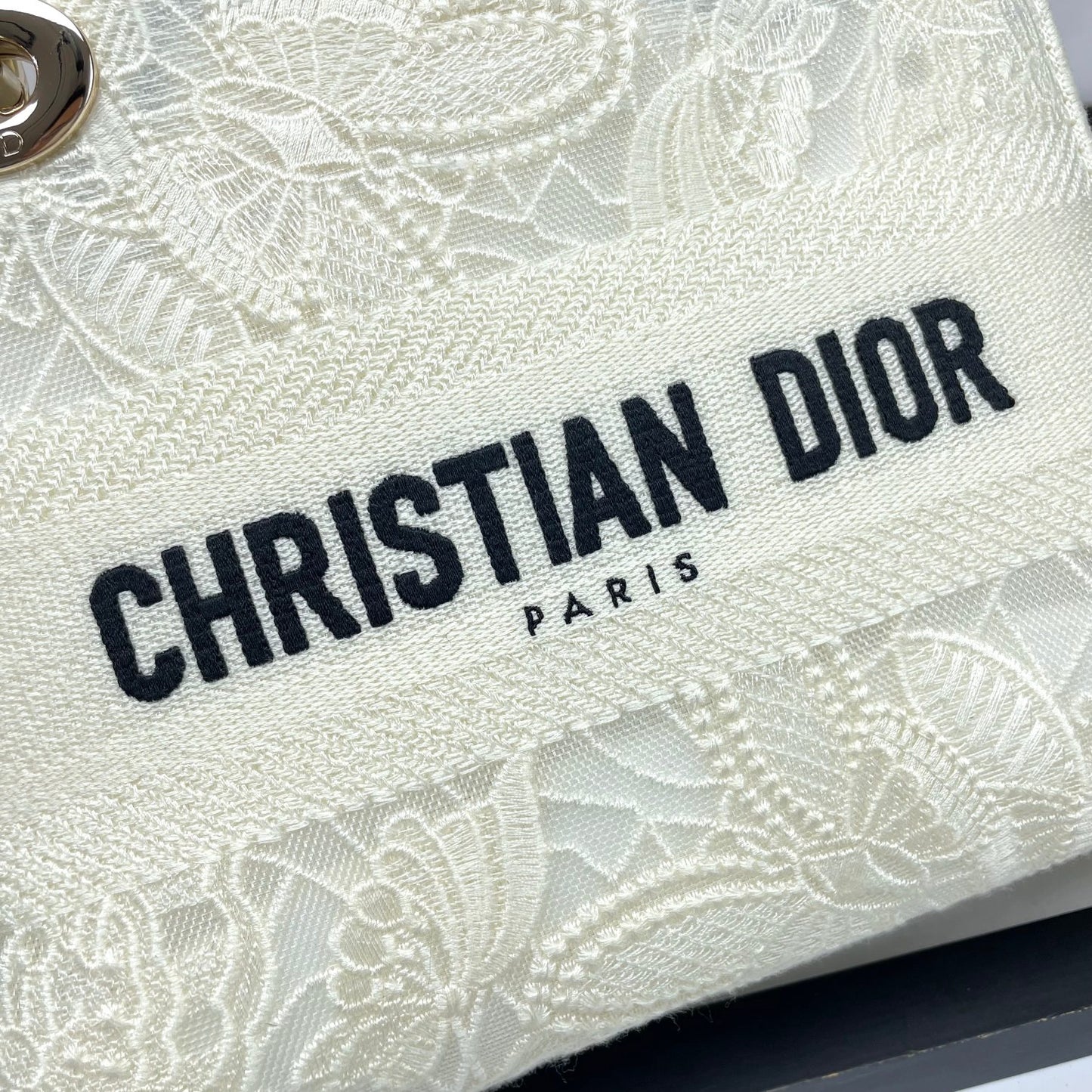 Christian Dior Lady D-Lite Bag - White Tone-on-Tone Canvas with Embroidery