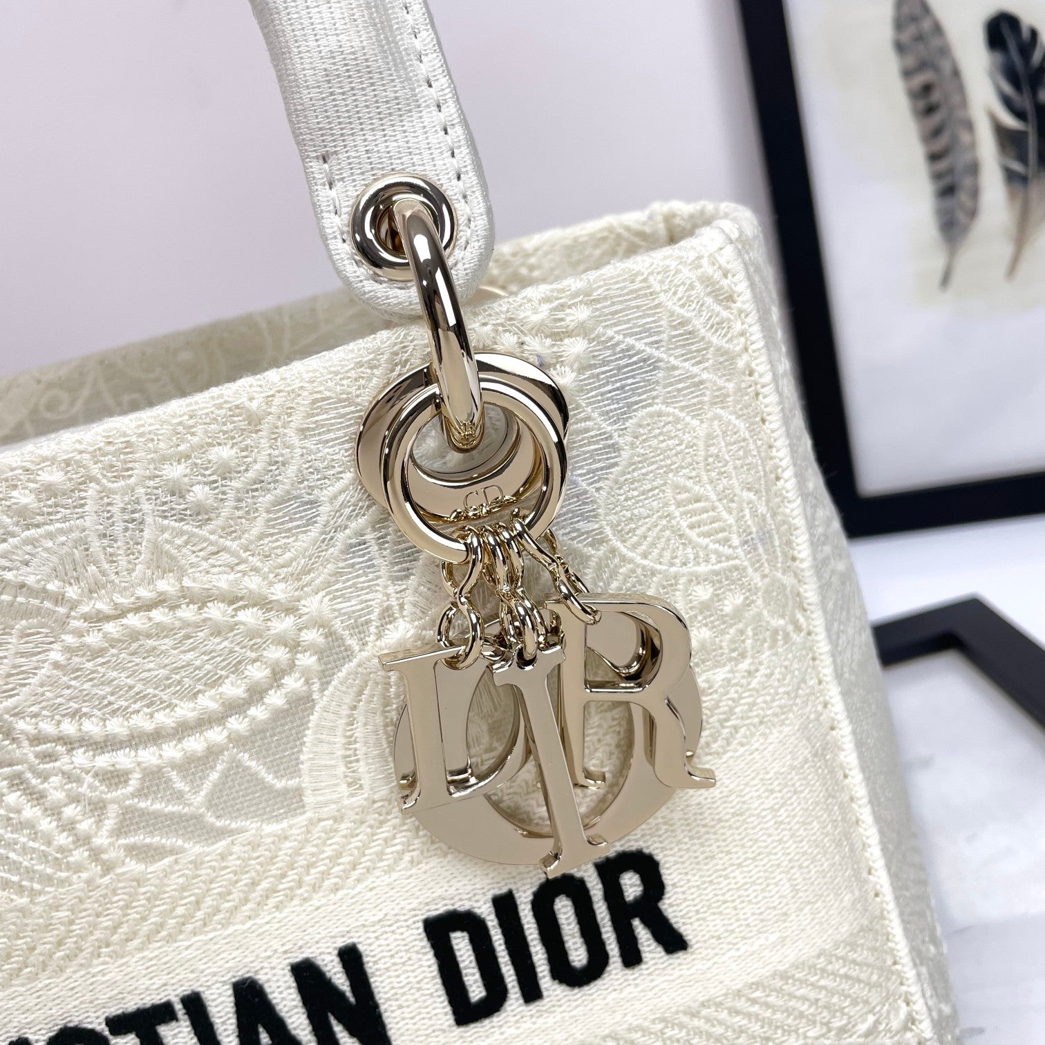 Dior White Floral Embroidered Canvas Top Handle Handbag