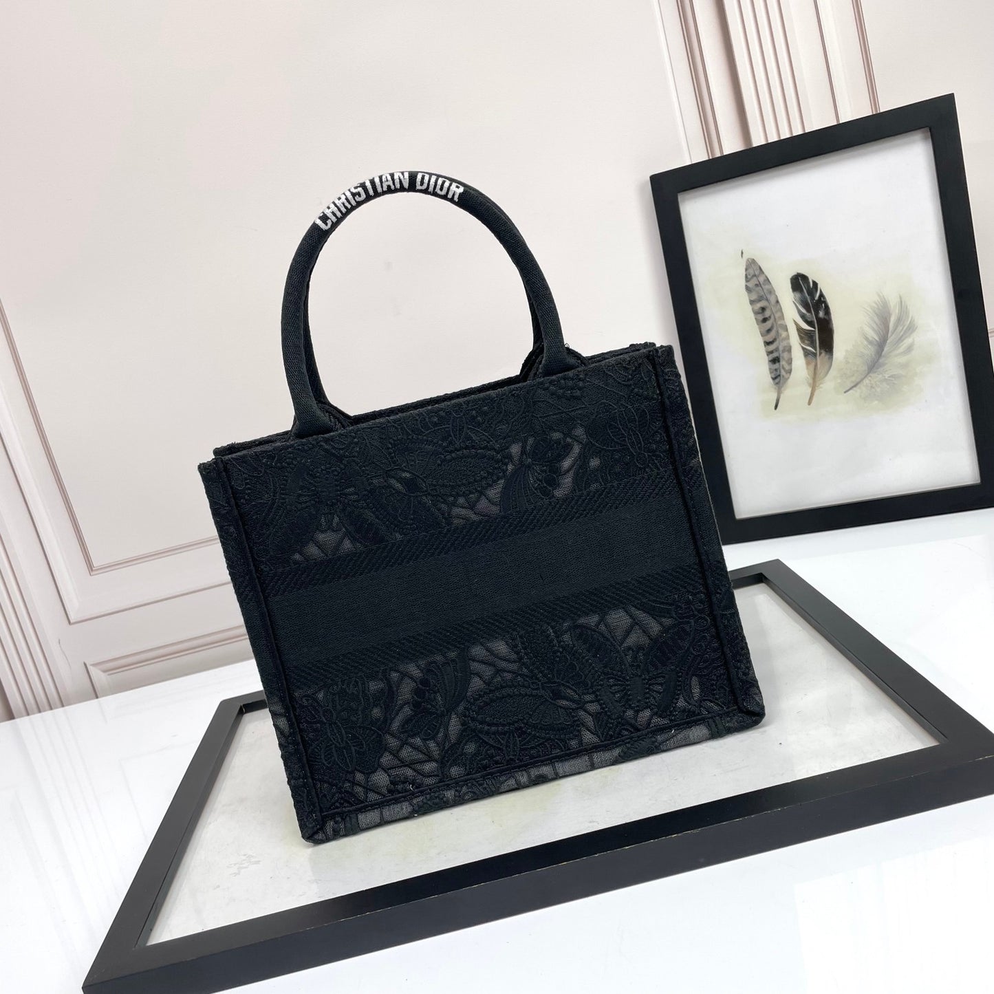 Dior Luxury Black Embroidered Canvas Tote Bag with Structured Top Handles