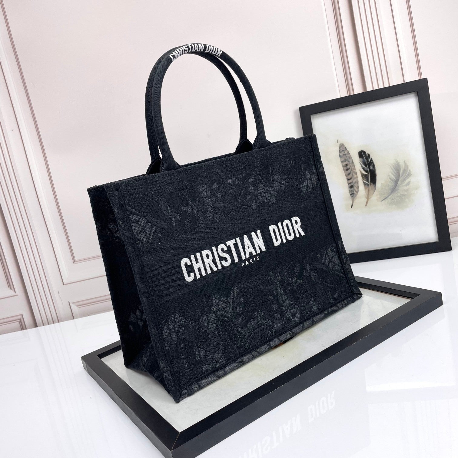 Christian Dior Medium Book Tote - Black Embroidered Canvas Handbag