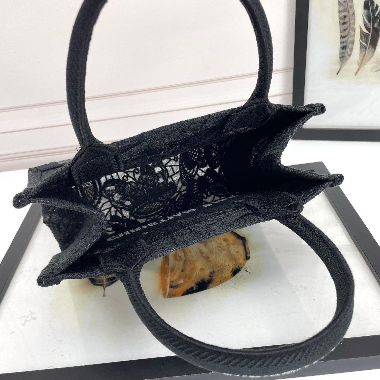 Dior Black Floral Lace Embroidered Canvas Tote Bag with Top Handles