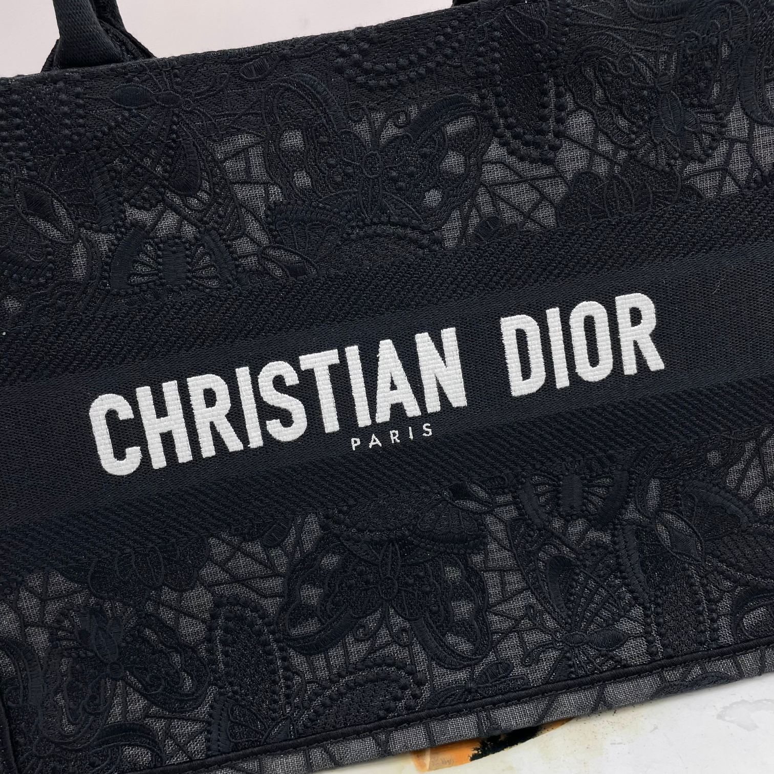 Dior Black Floral Lace Embroidered Canvas Tote Bag with Top Handles
