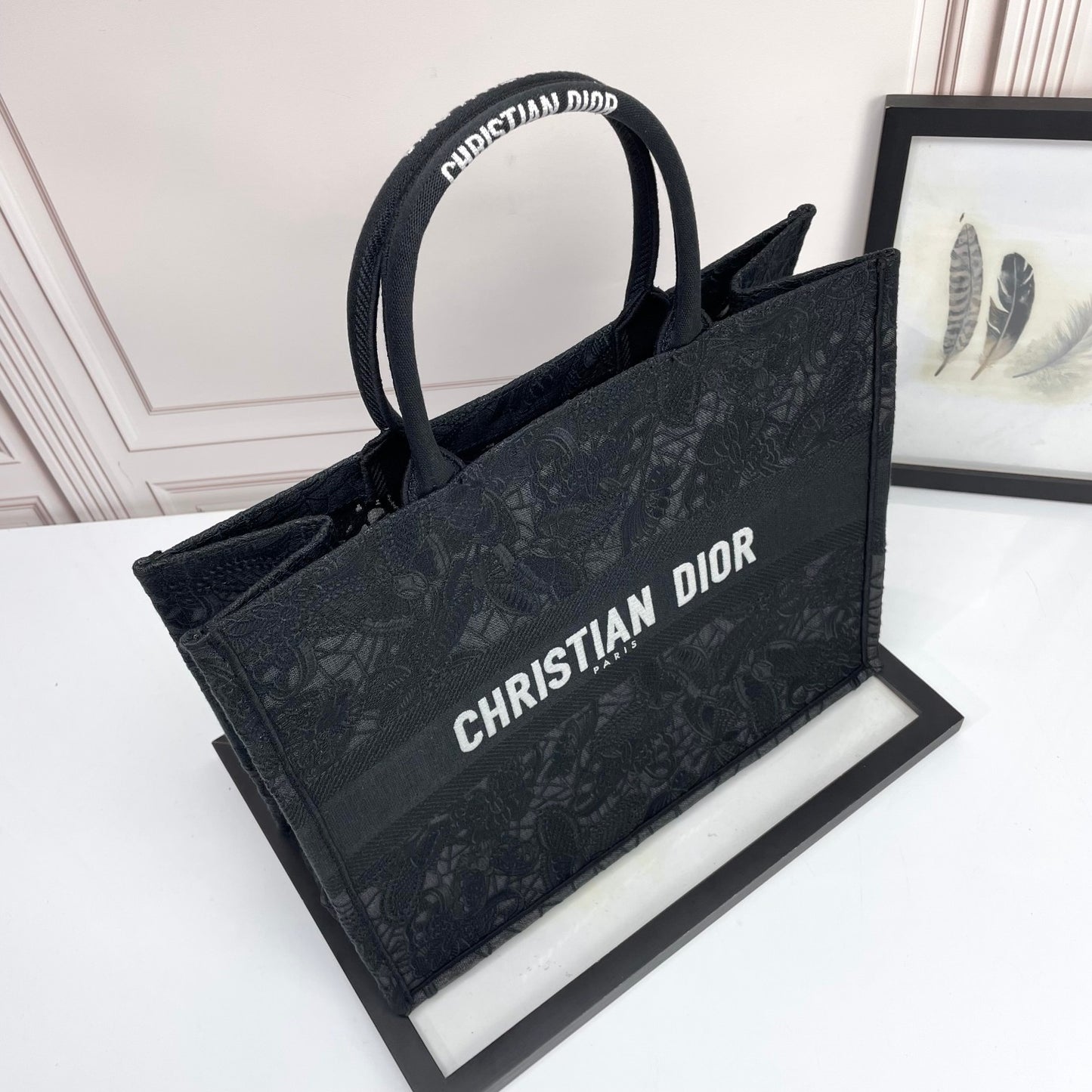 Dior Elegant Black Embroidered Floral Canvas Tote Bag with Top Handles