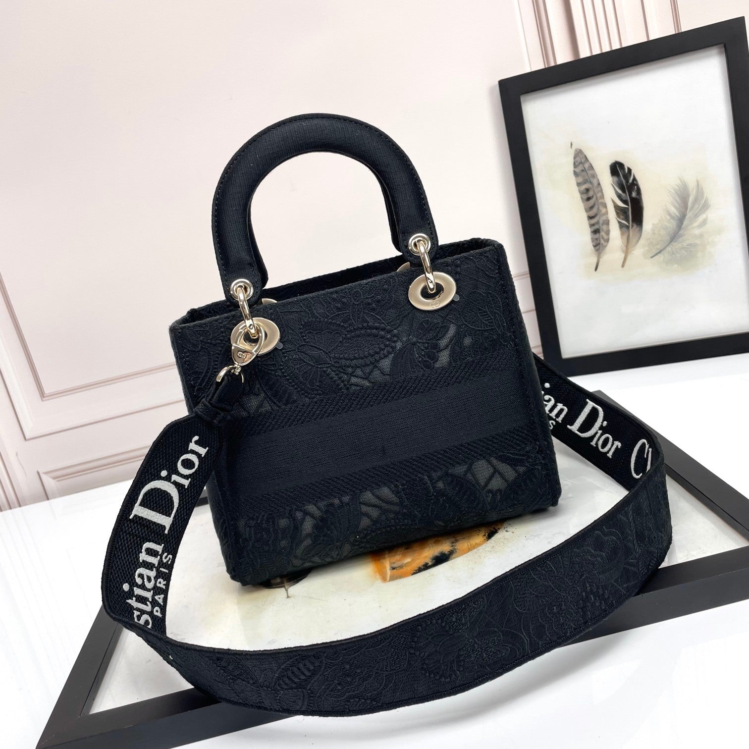 Dior Black Embroidered Canvas Top Handle Handbag with Charms