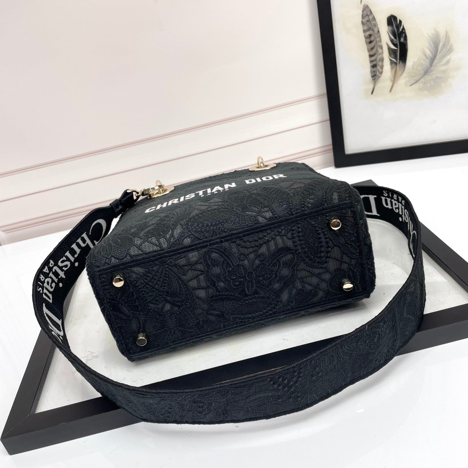 Dior Classic Black Embroidered Canvas Tote Bag with Top Handle