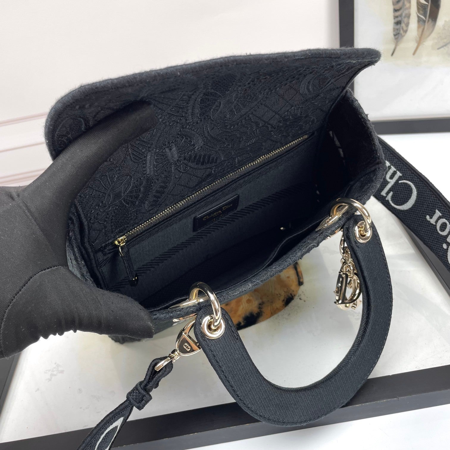 Dior Black Embroidered Canvas Top Handle Handbag with Charms