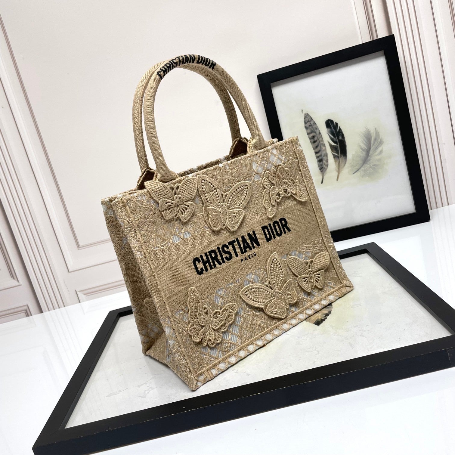 Dior Elegant Beige Canvas Tote Bag with Embroidered Butterfly Details