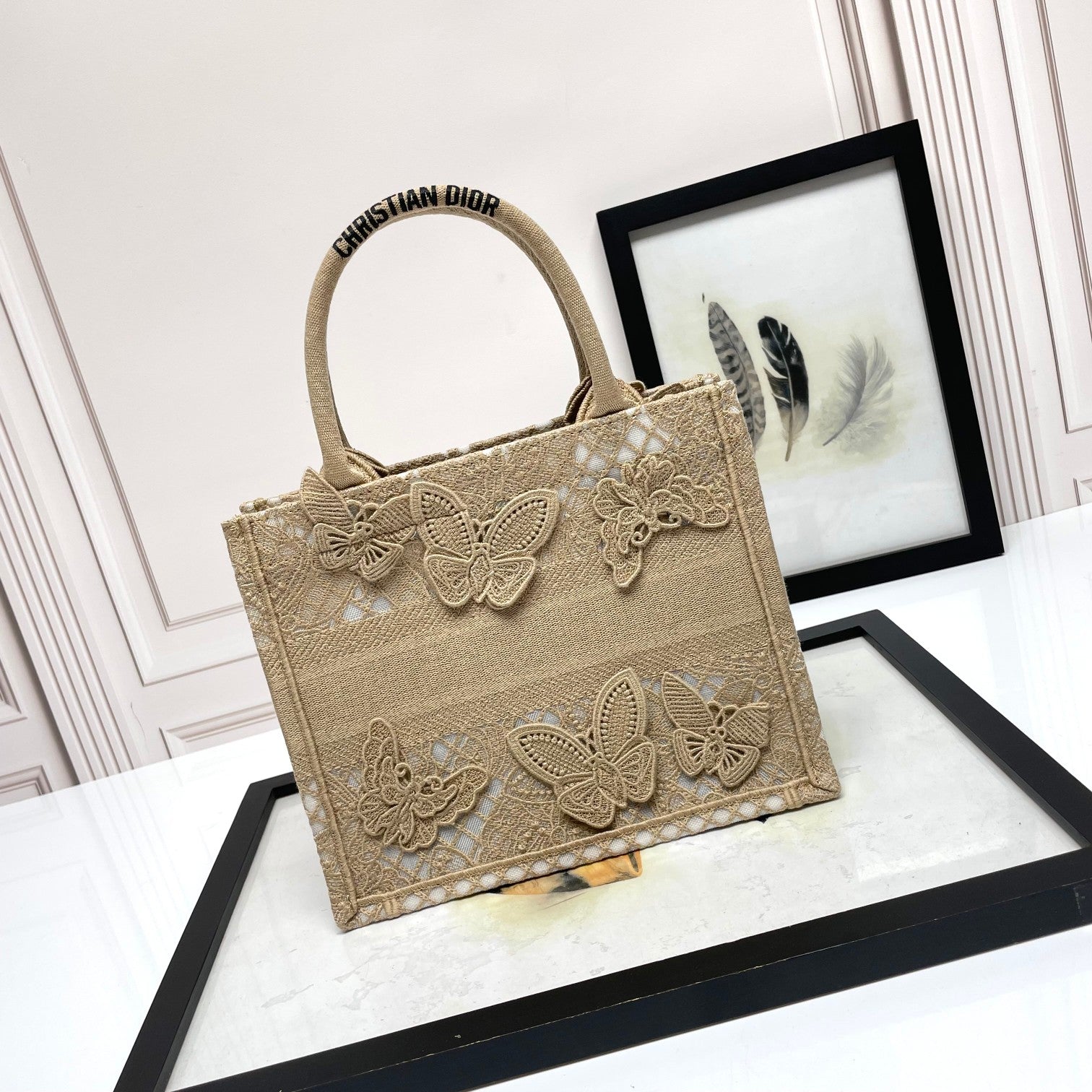 Christian Dior Medium Book Tote - Beige Butterfly Embroidered Canvas Bag