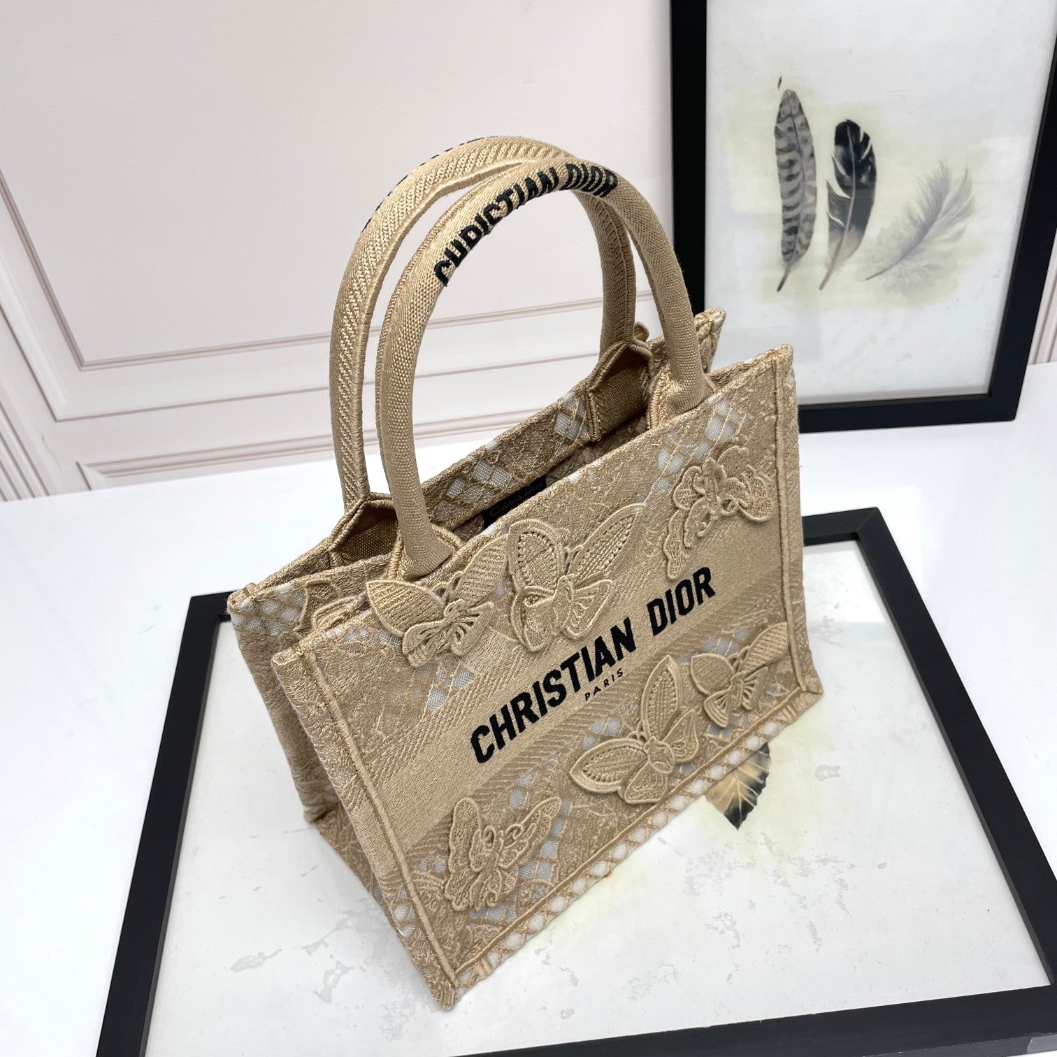 Dior Beige Canvas Tote Handbag with Embroidered 3D Butterflies