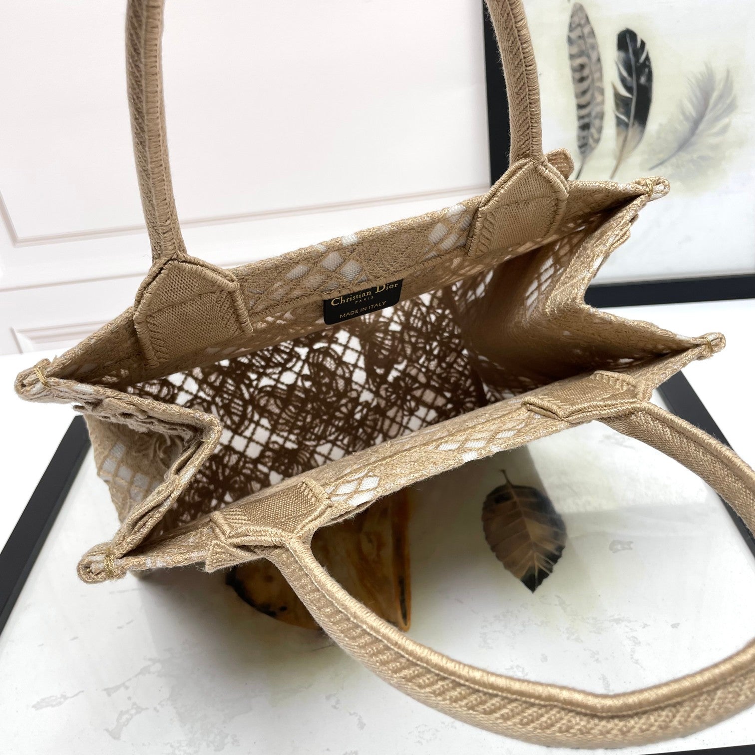 Dior Elegant Beige Canvas Tote Bag with Embroidered Butterfly Details