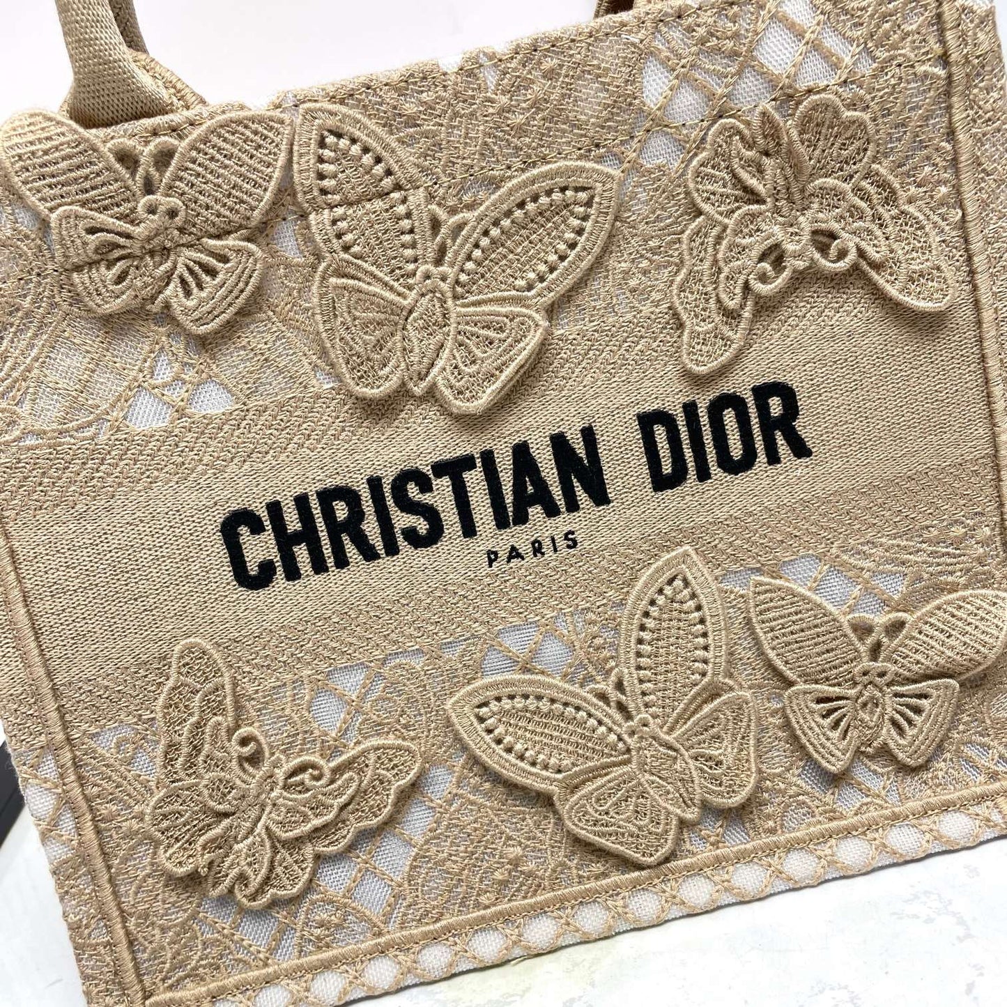 Christian Dior Beige Butterfly Appliqué Book Tote Bag