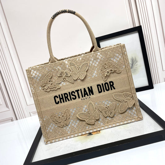 Christian Dior Medium Book Tote Bag with Butterfly Embroidery - Beige Canvas