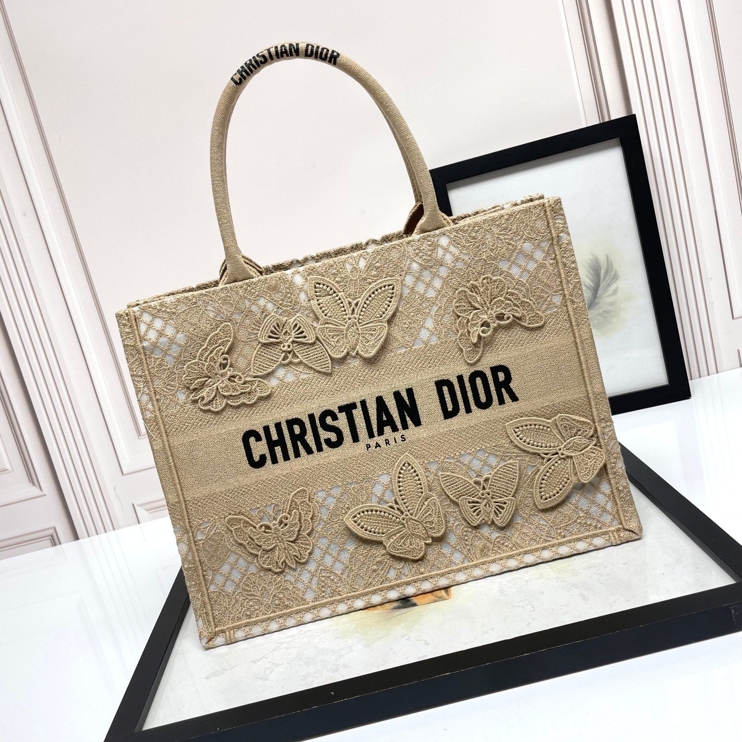 Dior Beige Butterfly Embroidered Canvas Tote Bag with Top Handles